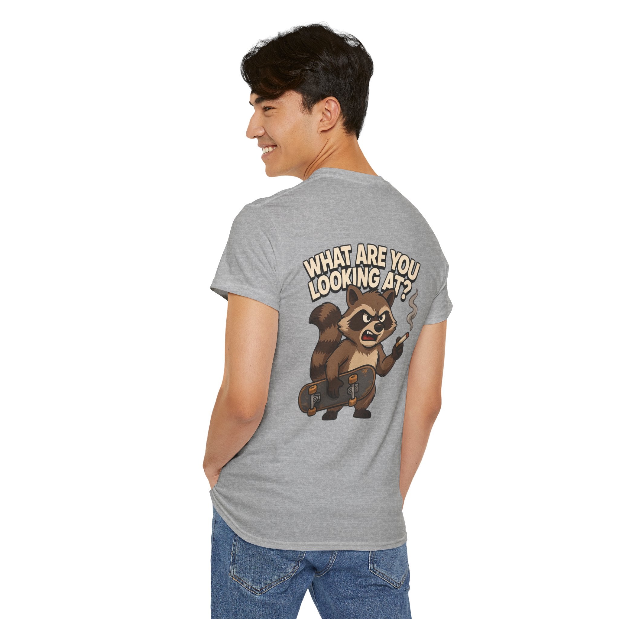 Graphic Tee — "What Are You Looking At?" Raccoon Illustration T-Shirt