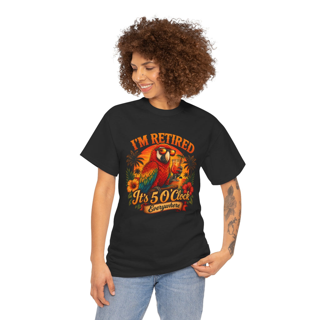 Funny Retirement T-Shirt — It's 5 O'Clock Everywhere Parrot Gift Tee for Retirees