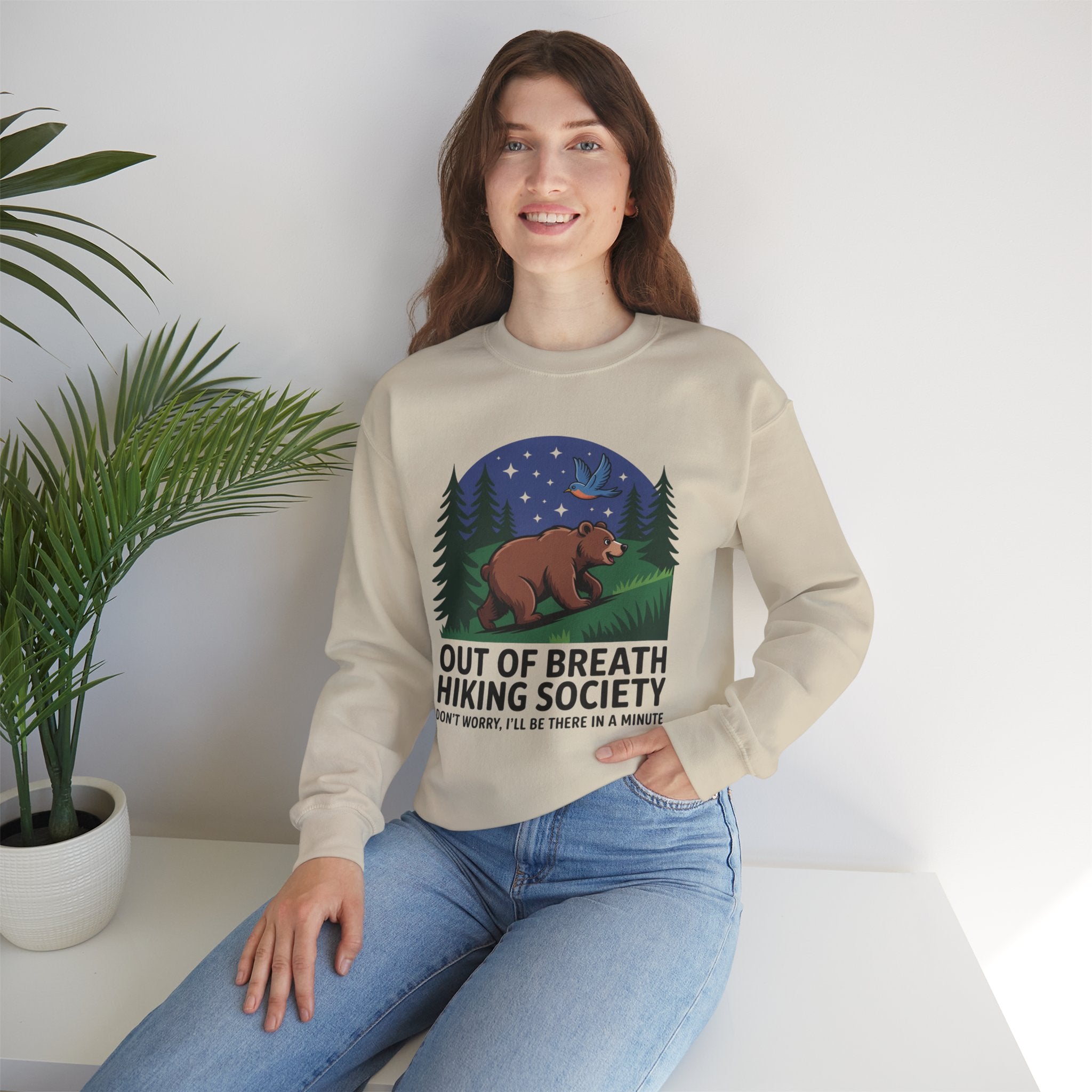 Out of Breath Hiking Society Crewneck Sweatshirt — Funny Bear Camping Graphic