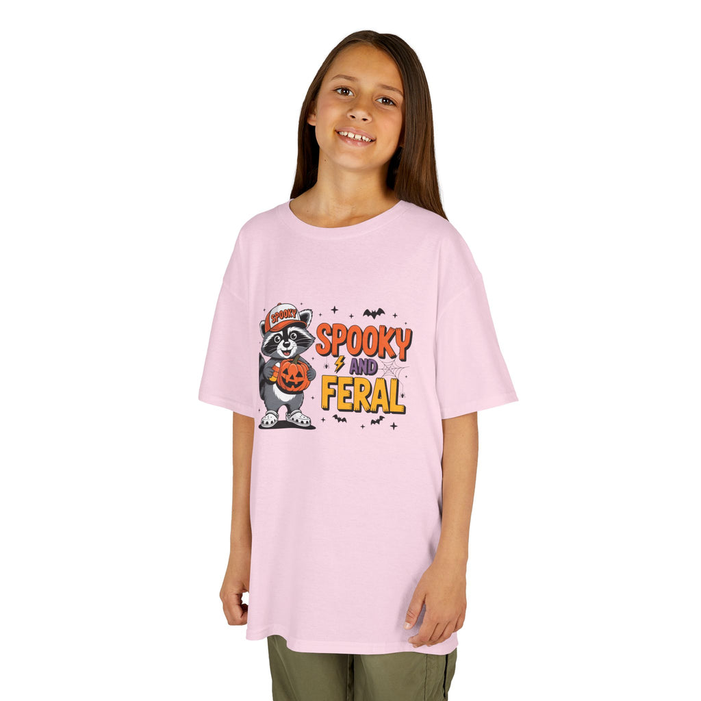 Kids Tee — "Spooky and Feral" Halloween Raccoon Pumpkin Shirt