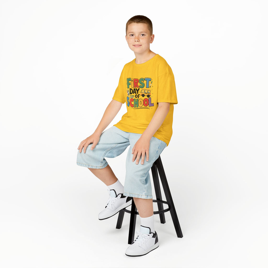 First Day of School Kids T-Shirt — Colorful Back-to-School Tee with School Bus Design