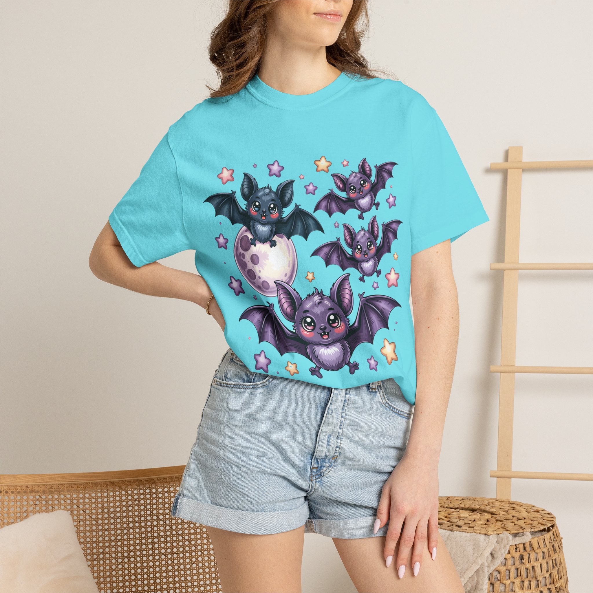 Cute Purple Bats T-Shirt — Kawaii Night Moon & Stars Tee