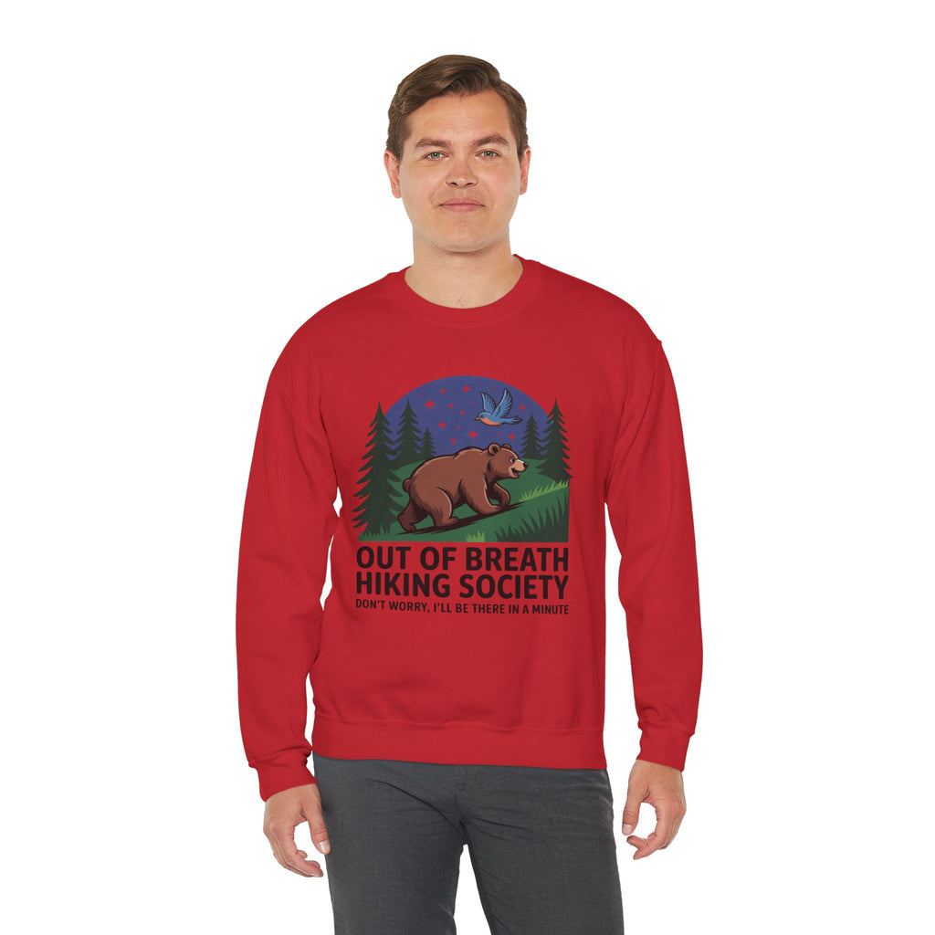 Out of Breath Hiking Society Crewneck Sweatshirt — Funny Bear Camping Graphic