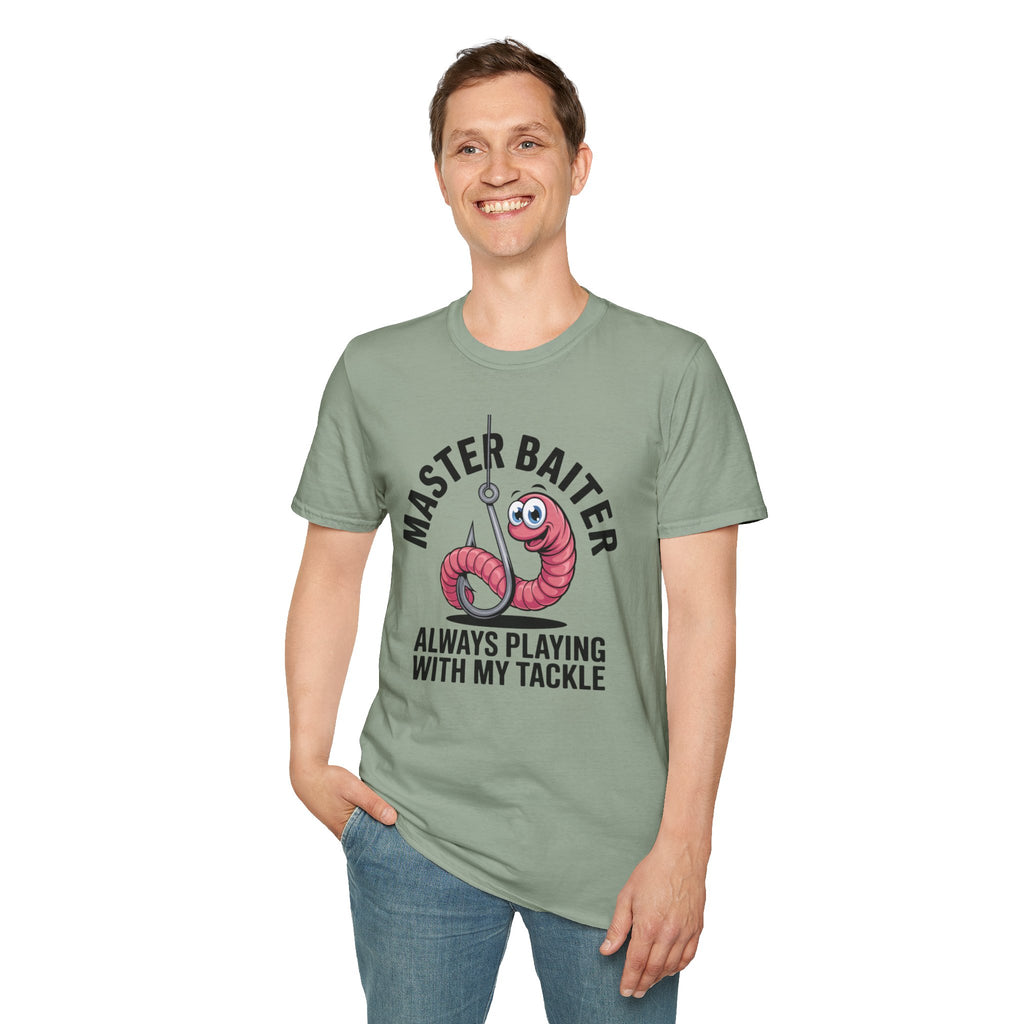 Master Baiter Fishing T-Shirt — Funny Worm Hook Tee ("Always Playing With My Tackle")