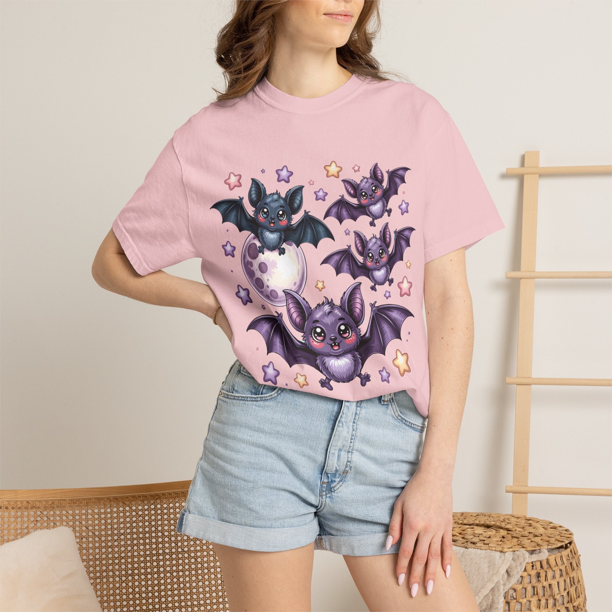 Cute Purple Bats T-Shirt — Kawaii Night Moon & Stars Tee
