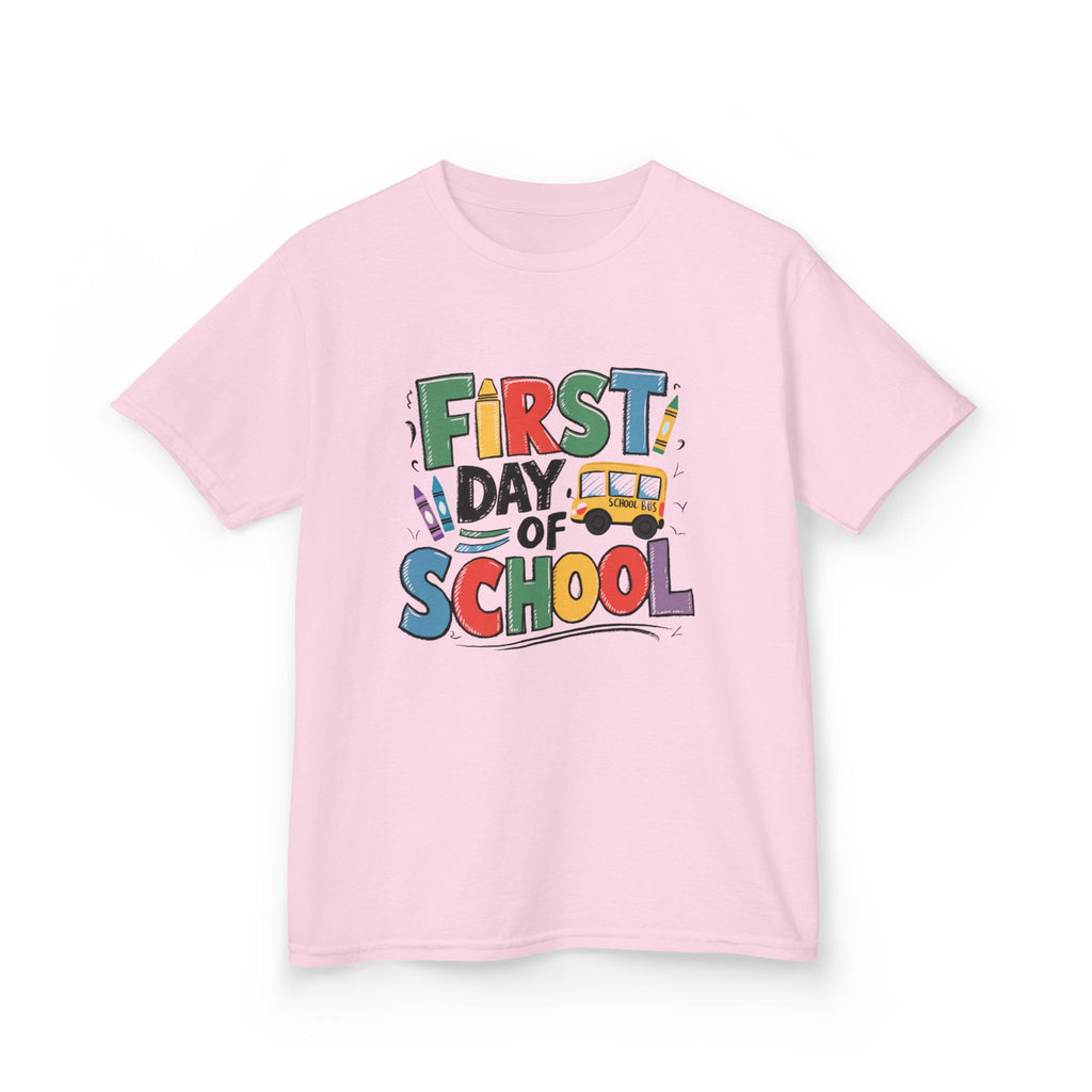 First Day of School Kids T-Shirt — Colorful Back-to-School Tee with School Bus Design