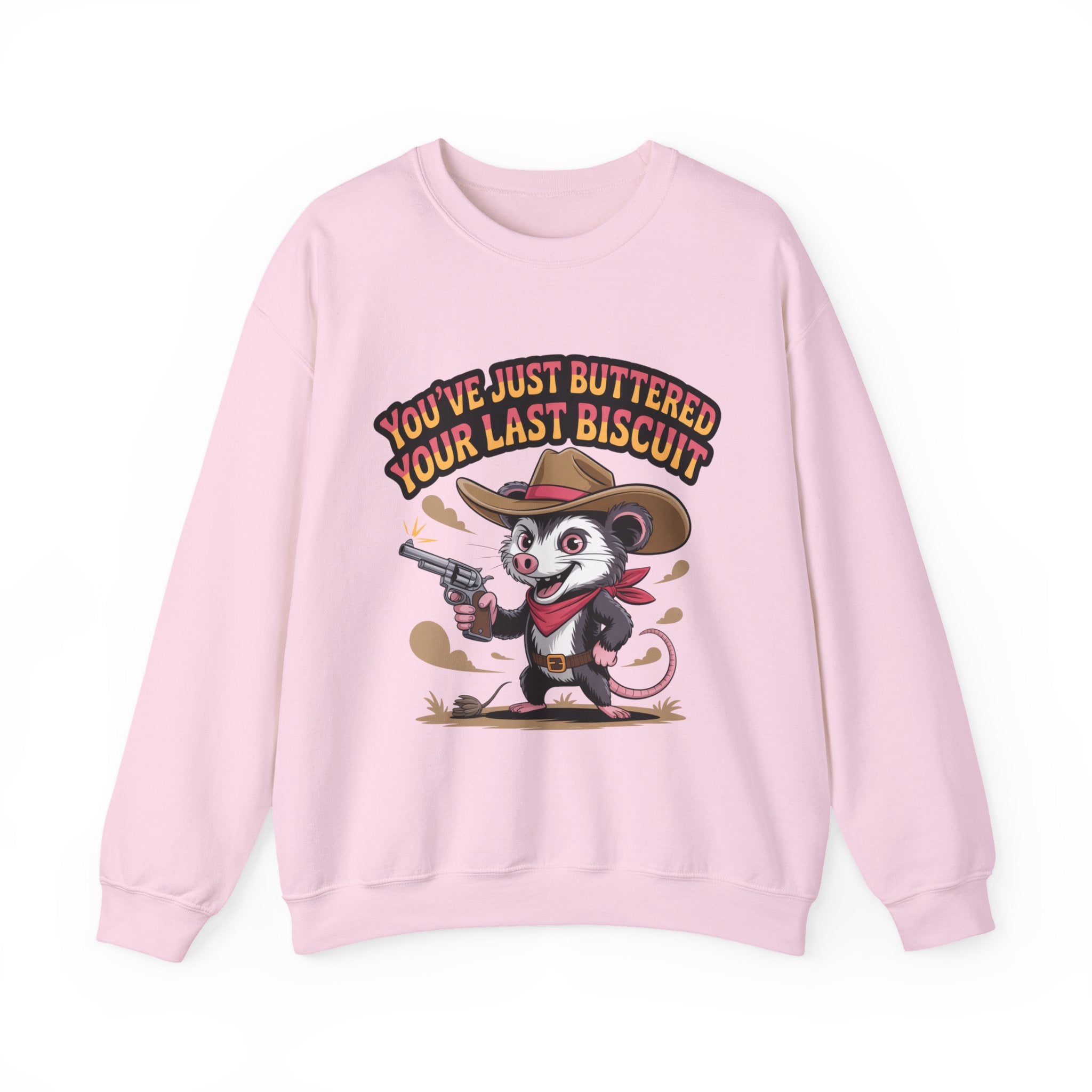 Crewneck Sweatshirt – "You’ve Just Buttered Your Last Biscuit" Cowboy Opossum Graphic