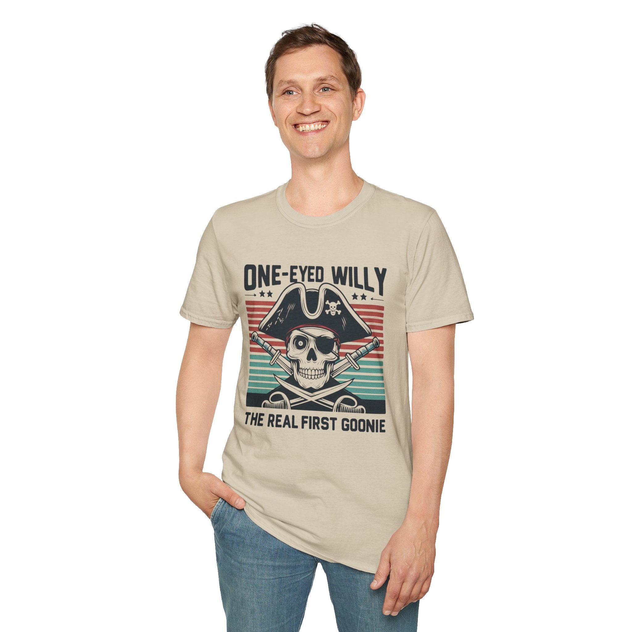 One-Eyed Willy Skull T-Shirt — Vintage Pirate 'The Real First Goonie' Tee