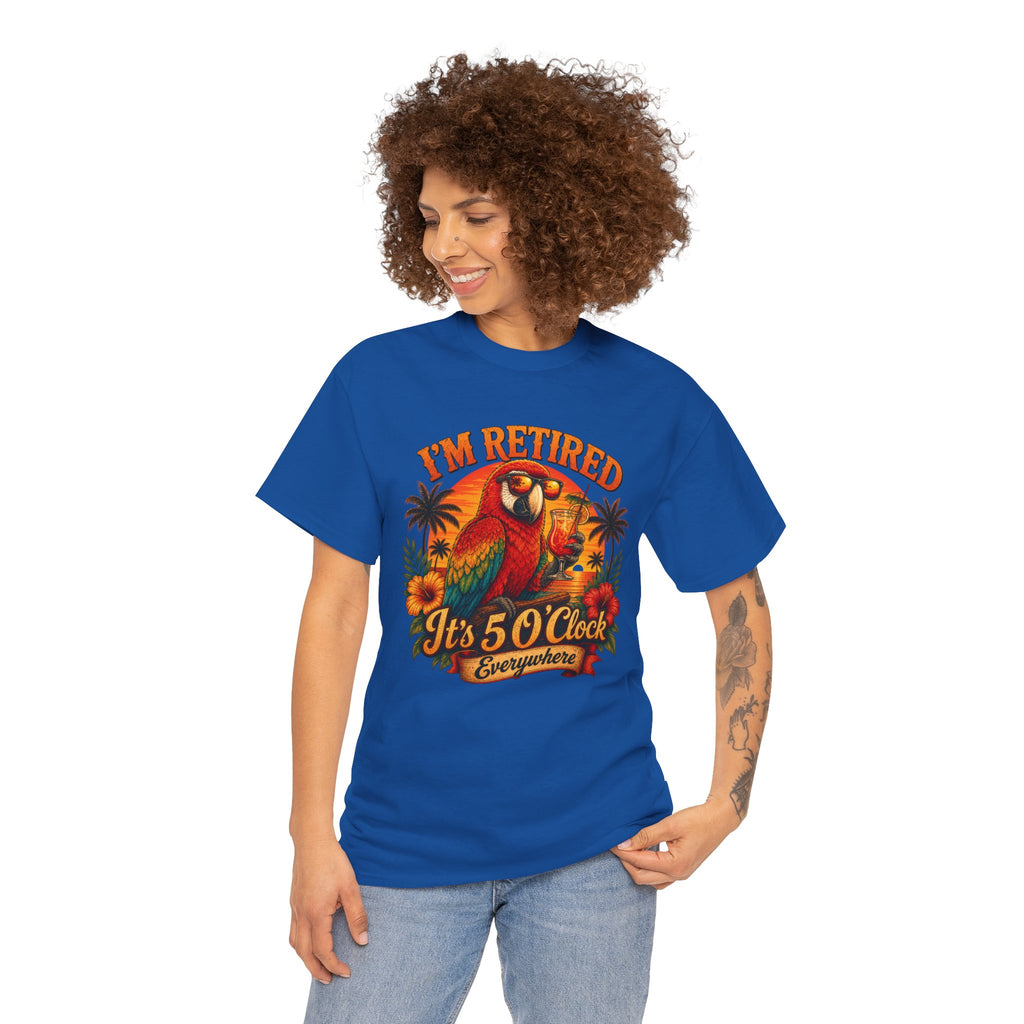 Funny Retirement T-Shirt — It's 5 O'Clock Everywhere Parrot Gift Tee for Retirees