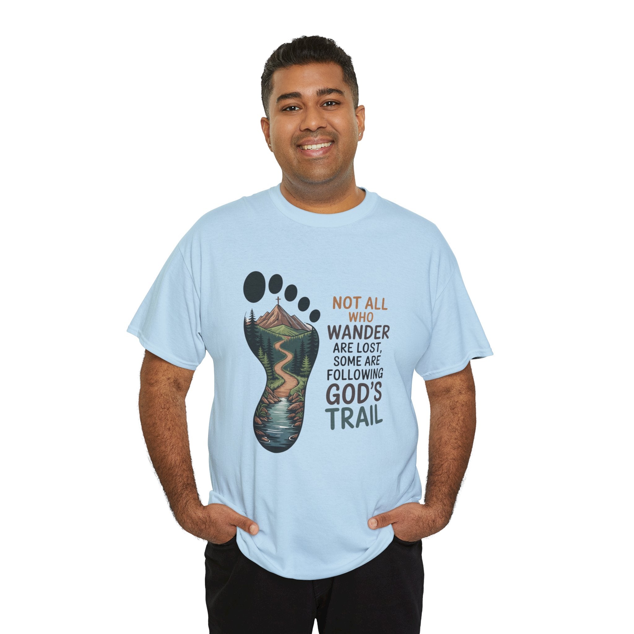 God's Trail Footprint T-Shirt — Christian Hiking Tee ("Not All Who Wander...")