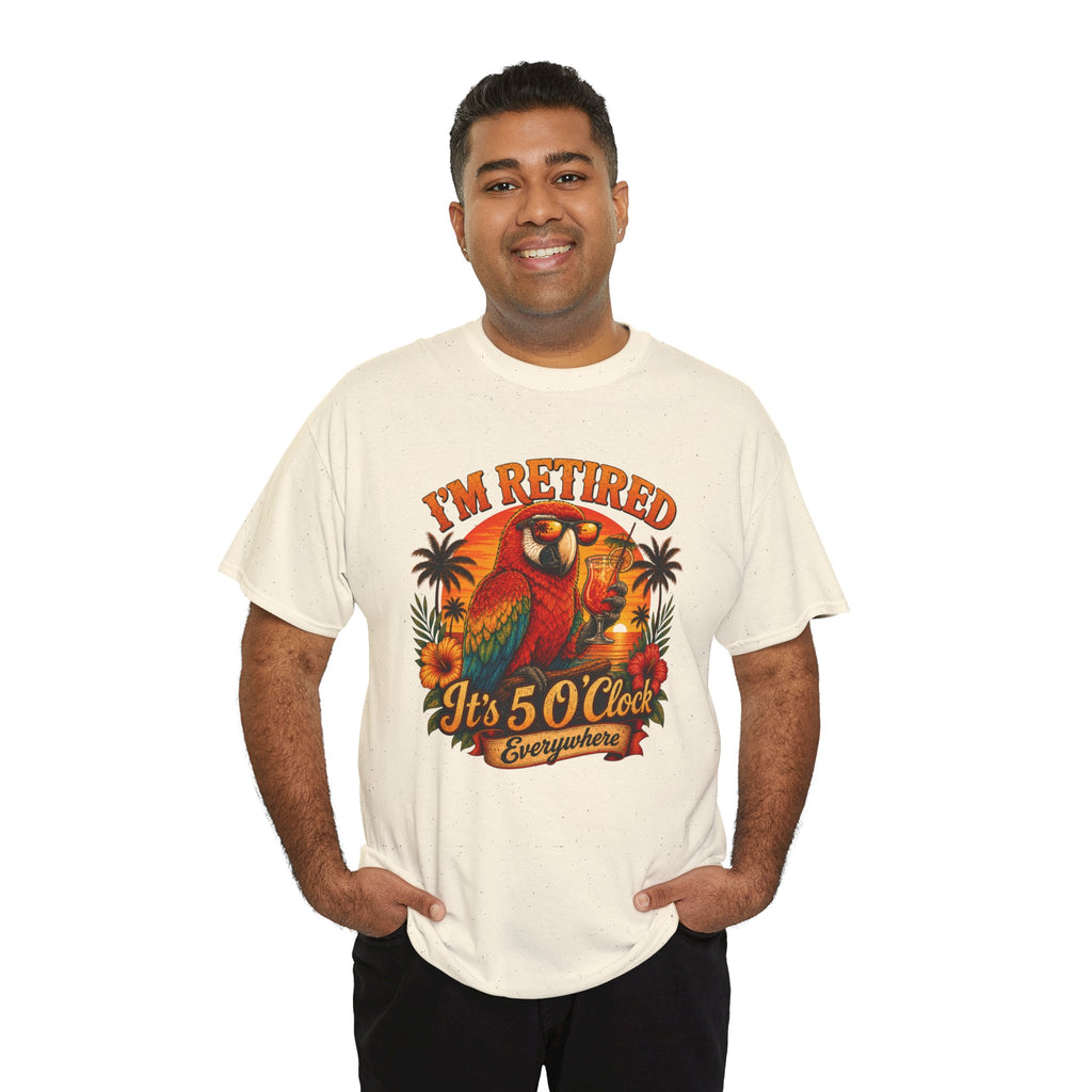 Funny Retirement T-Shirt — It's 5 O'Clock Everywhere Parrot Gift Tee for Retirees