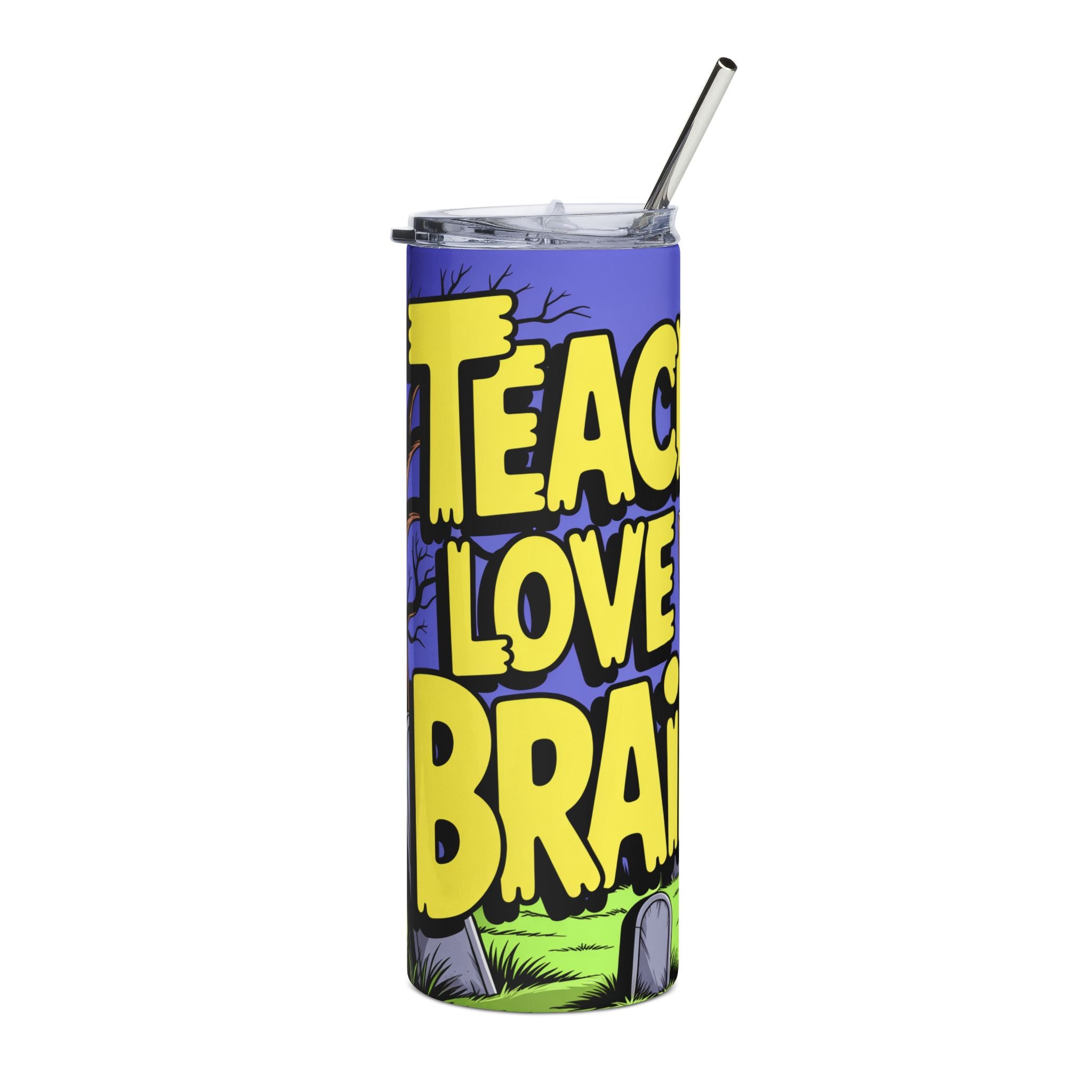 Funny Teacher Halloween 20oz Stainless Steel Tumbler — Love Brains Custom Name Chalkboard Gift Travel Cup