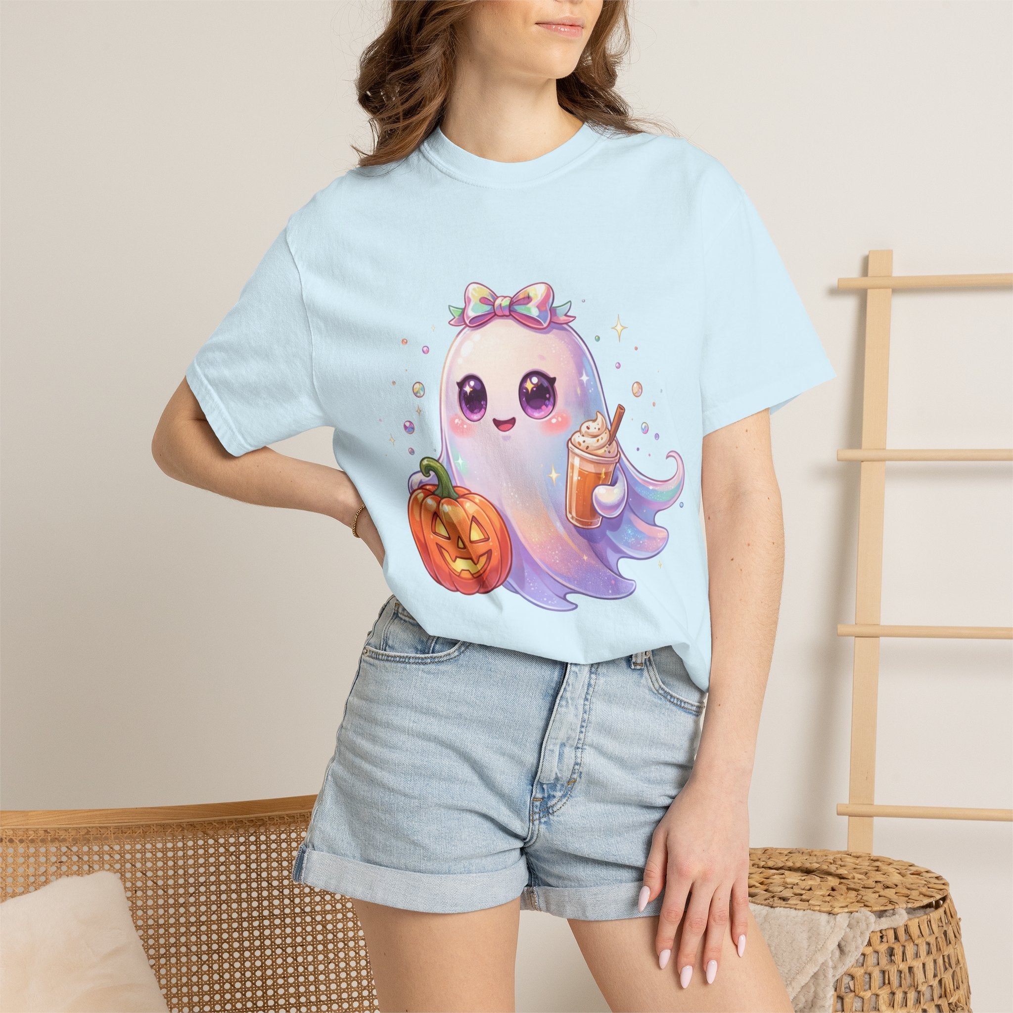 Cute Halloween Ghost T-Shirt — Kawaii Pumpkin & Candy Drink Graphic