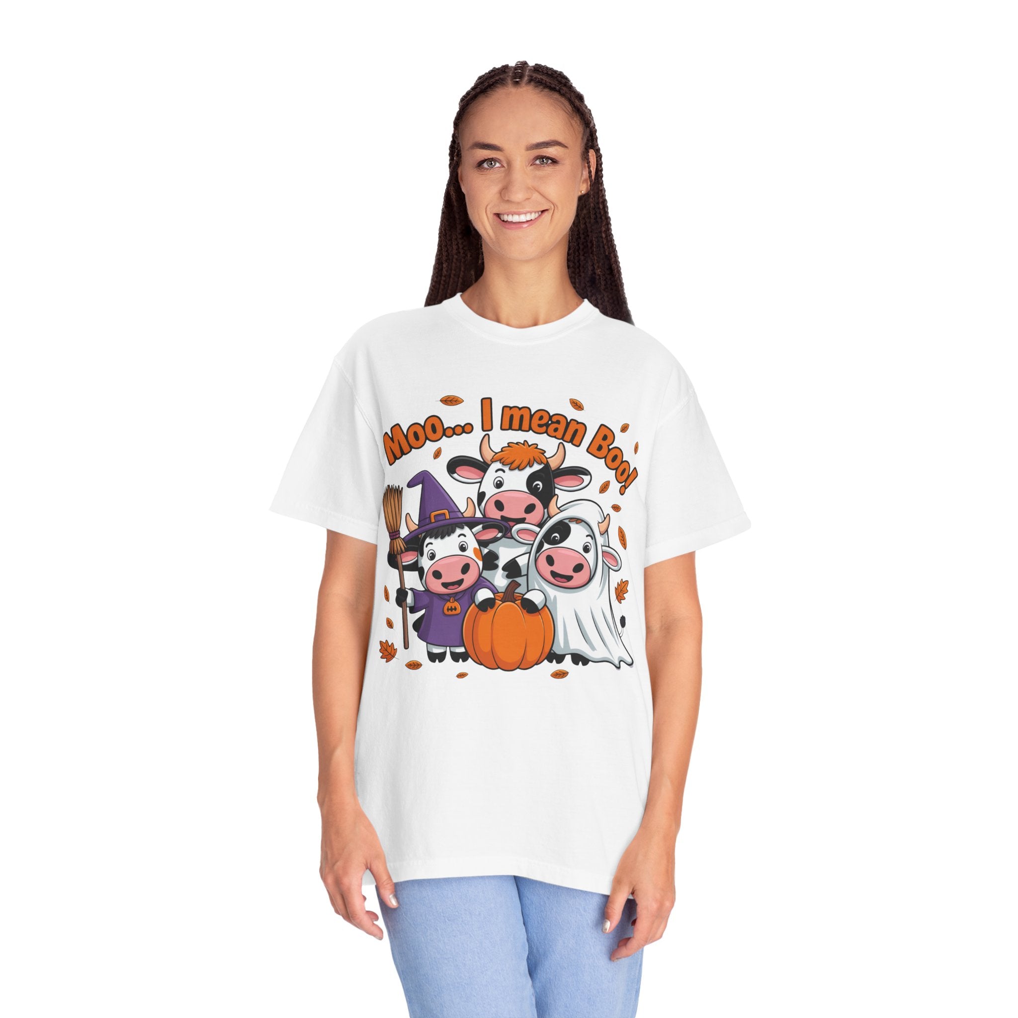 Halloween Cow T-Shirt – “Moo... I mean Boo!” Cute Pumpkin & Witch Cows Graphic Tee