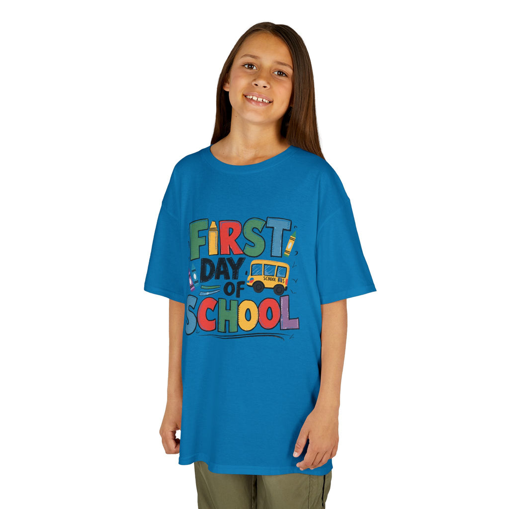 First Day of School Kids T-Shirt — Colorful Back-to-School Tee with School Bus Design