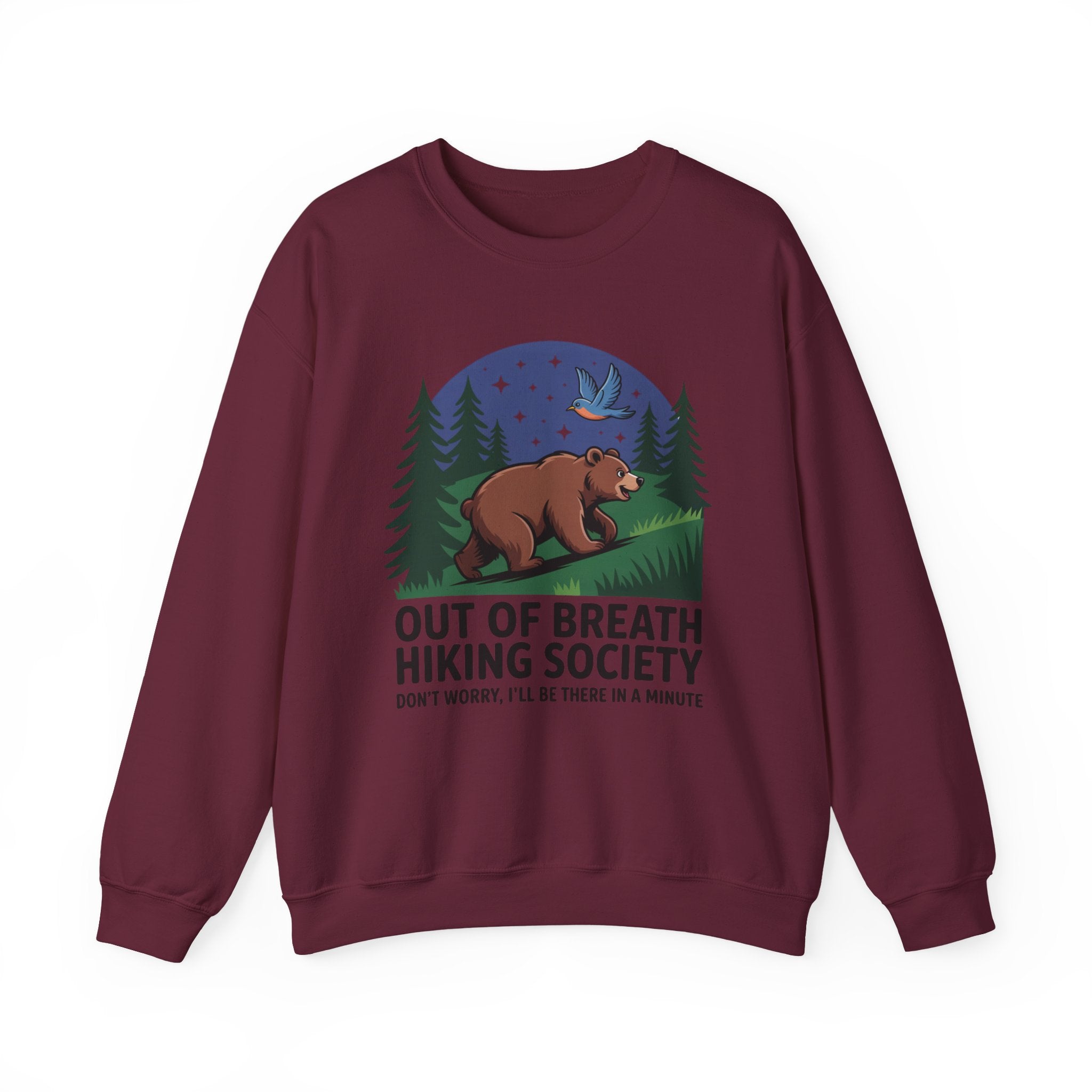 Out of Breath Hiking Society Crewneck Sweatshirt — Funny Bear Camping Graphic