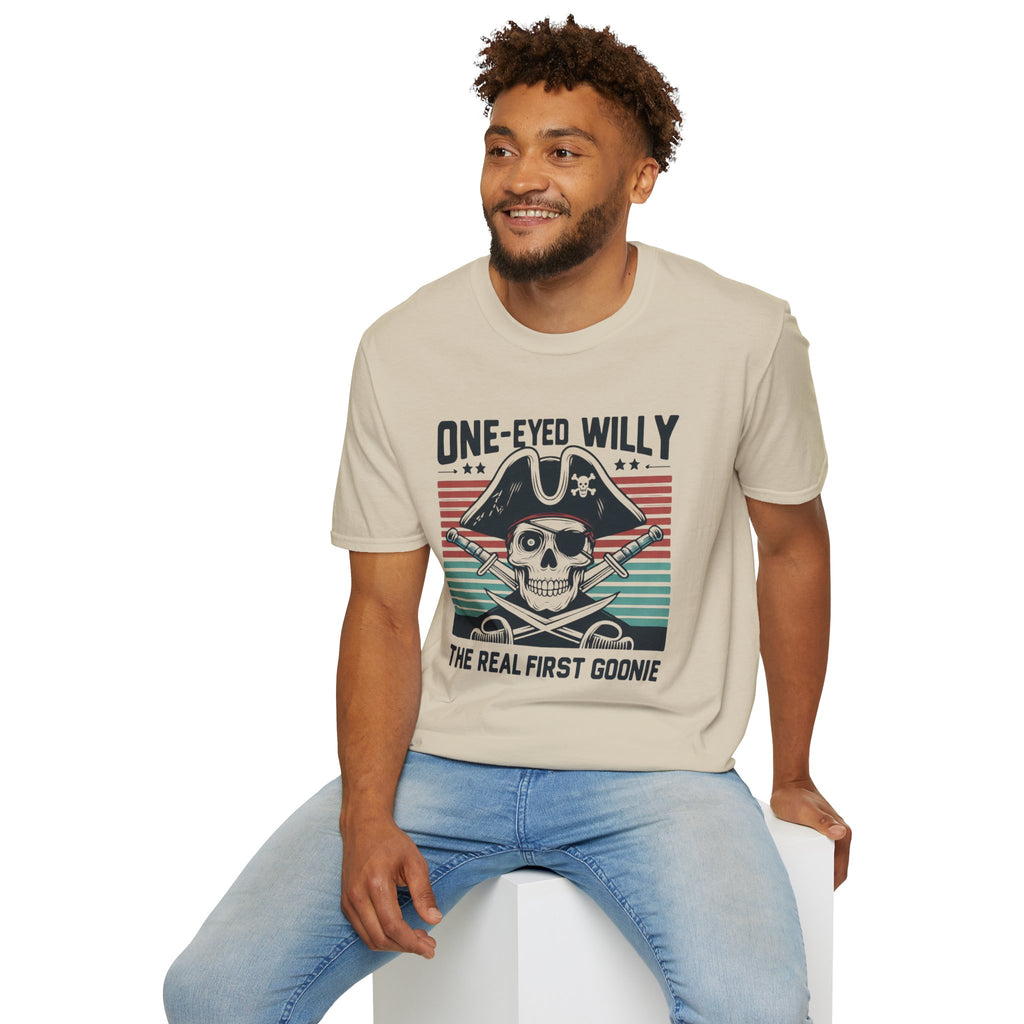 One-Eyed Willy Skull T-Shirt — Vintage Pirate 'The Real First Goonie' Tee