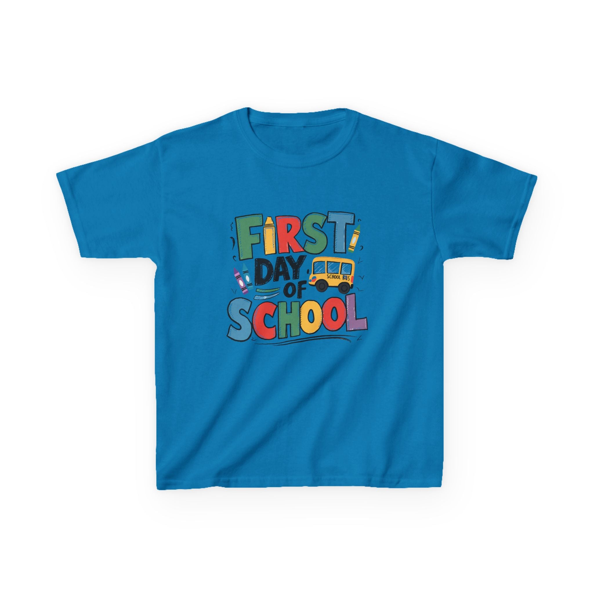 First Day of School Kids T-Shirt — Colorful Back-to-School Tee with School Bus Design