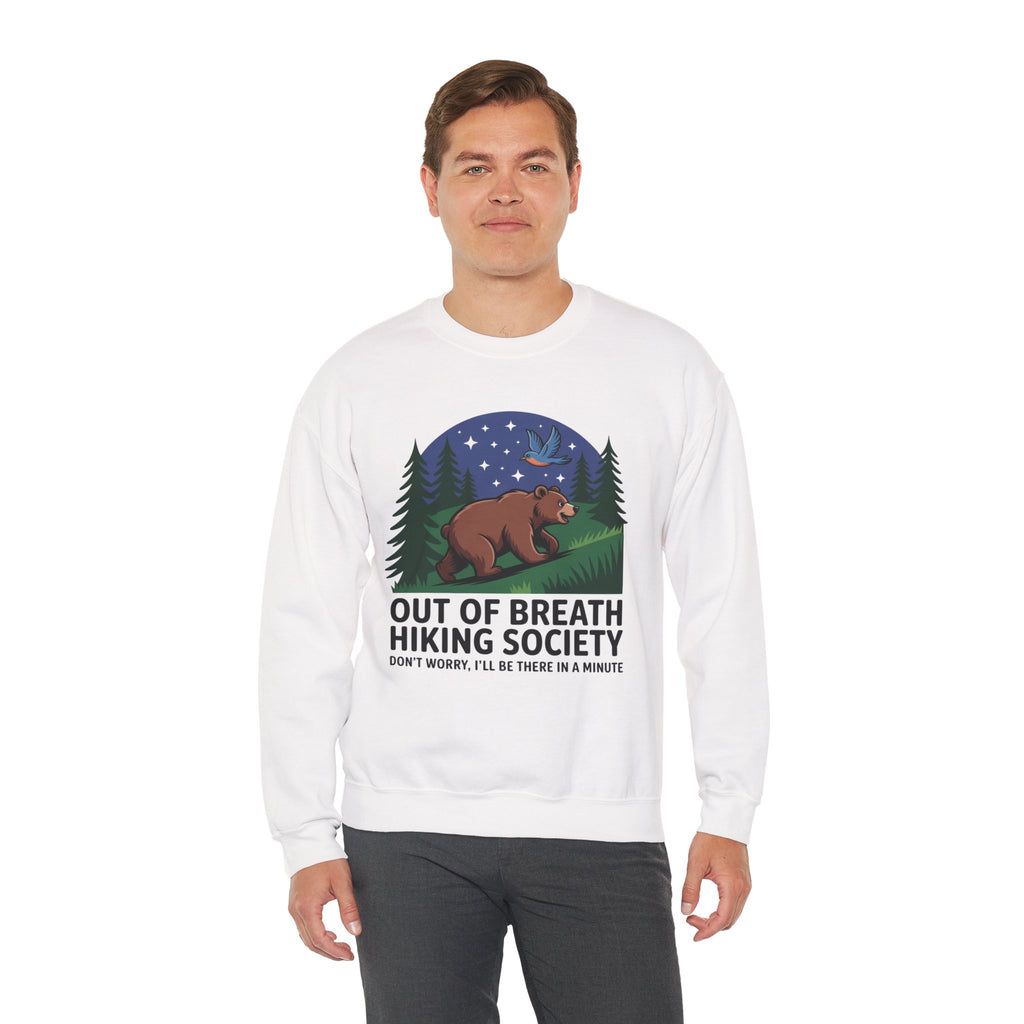 Out of Breath Hiking Society Crewneck Sweatshirt — Funny Bear Camping Graphic