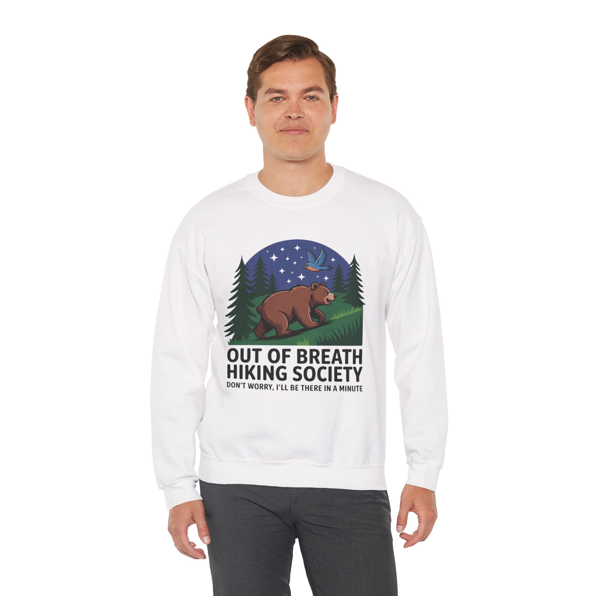 Out of Breath Hiking Society Crewneck Sweatshirt — Funny Bear Camping Graphic