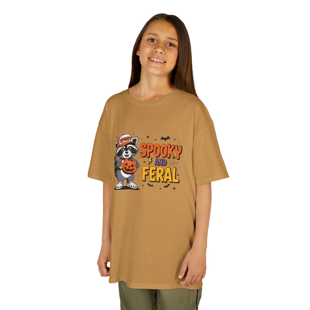 Kids Tee — "Spooky and Feral" Halloween Raccoon Pumpkin Shirt