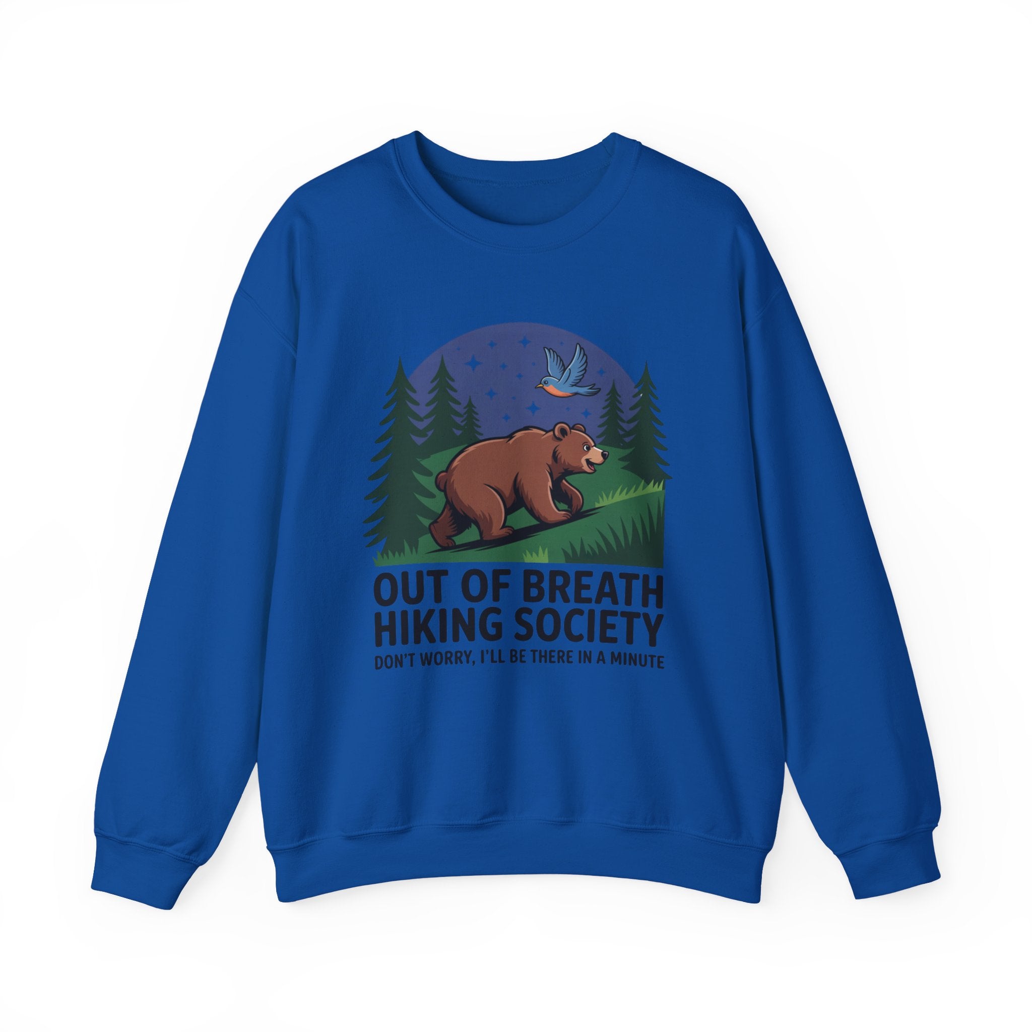 Out of Breath Hiking Society Crewneck Sweatshirt — Funny Bear Camping Graphic