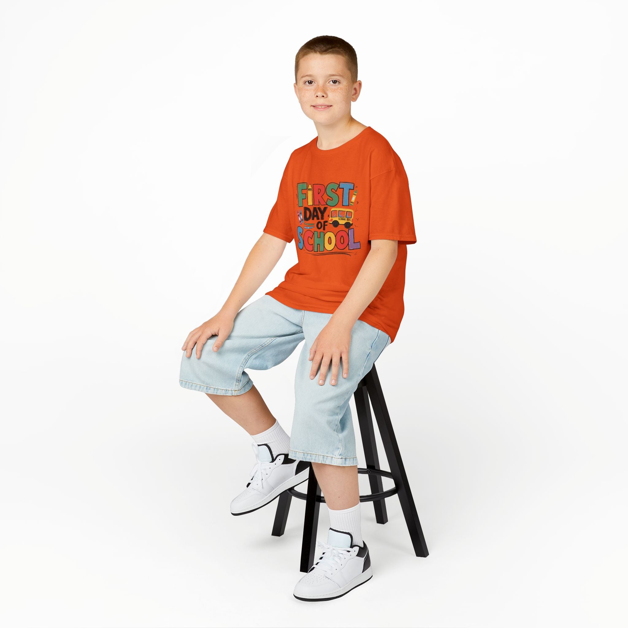 First Day of School Kids T-Shirt — Colorful Back-to-School Tee with School Bus Design