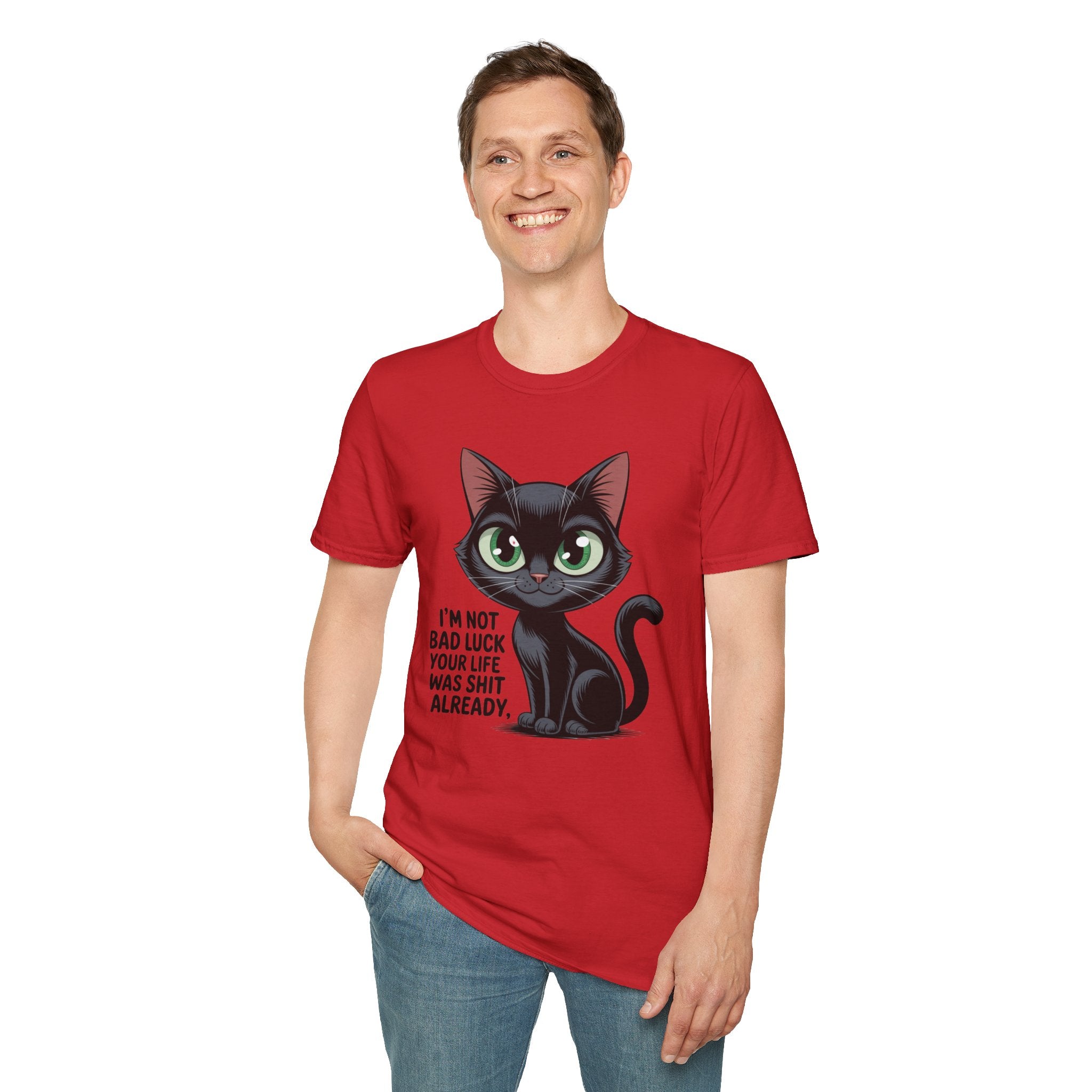 Funny Black Cat T-Shirt — I'm Not Bad Luck Dark Humor Gift Tee for Cat Lovers