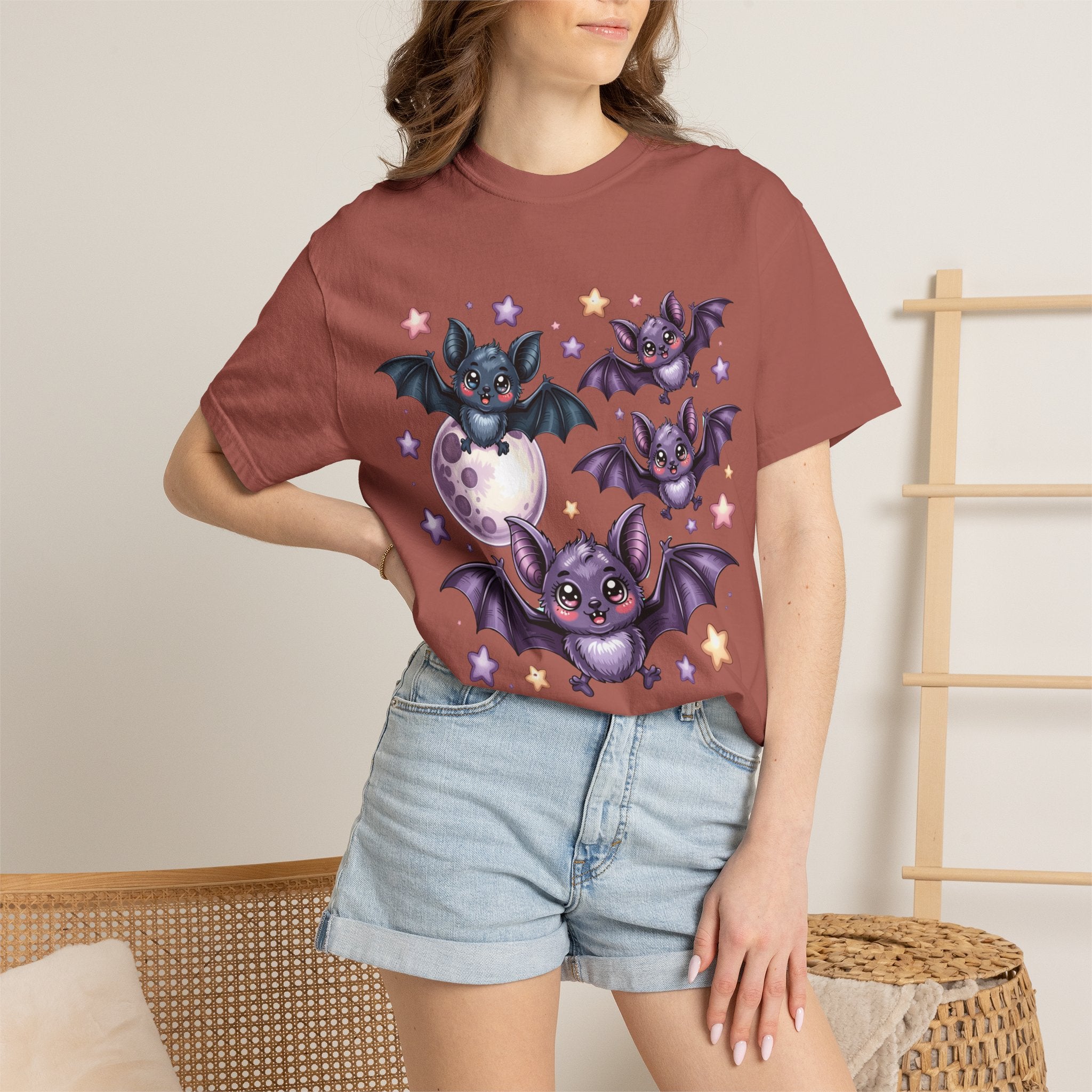 Cute Purple Bats T-Shirt — Kawaii Night Moon & Stars Tee