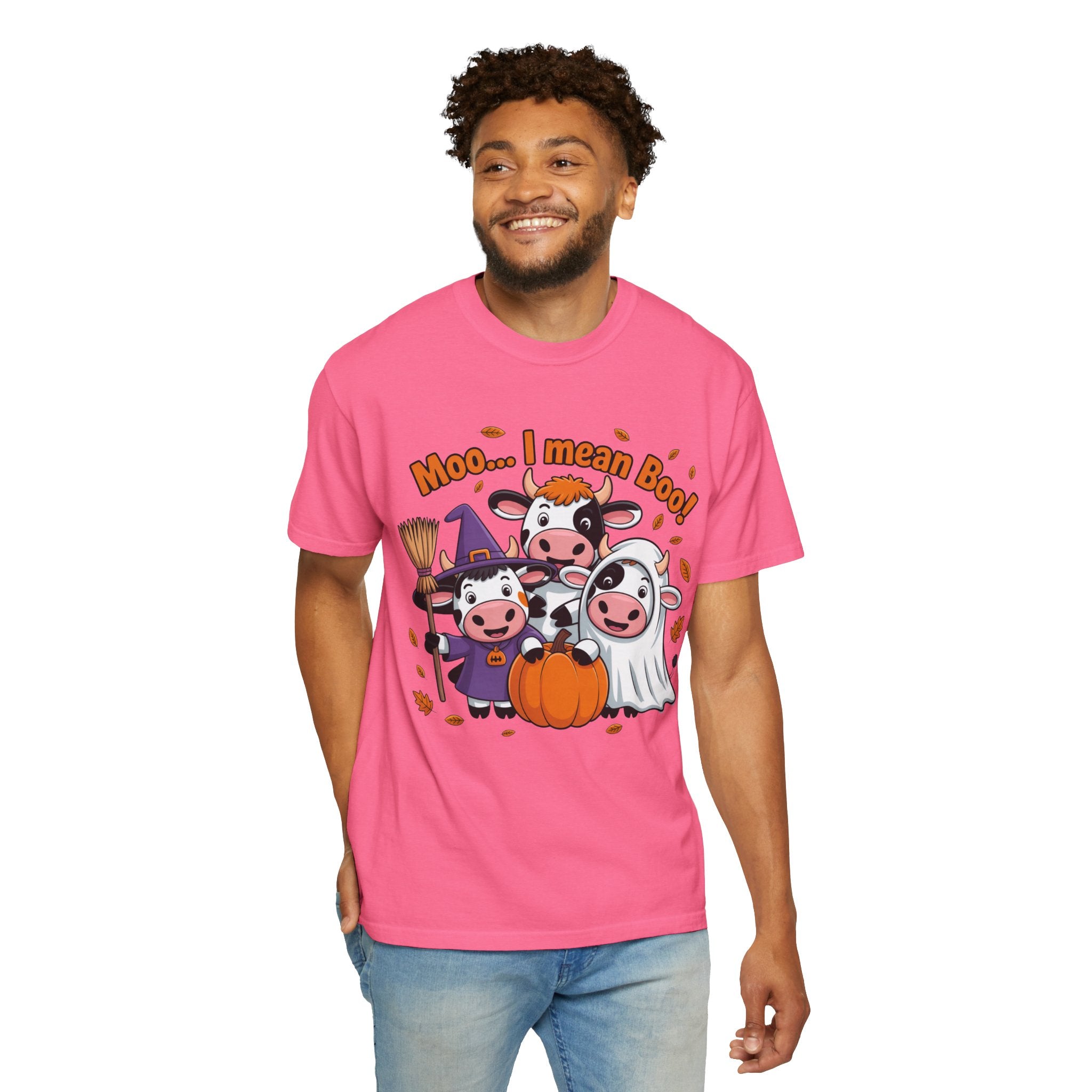 Halloween Cow T-Shirt – “Moo... I mean Boo!” Cute Pumpkin & Witch Cows Graphic Tee