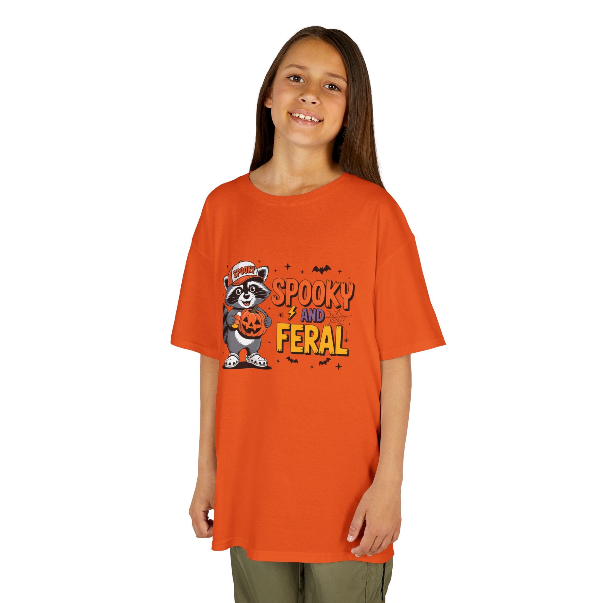 Kids Tee — "Spooky and Feral" Halloween Raccoon Pumpkin Shirt