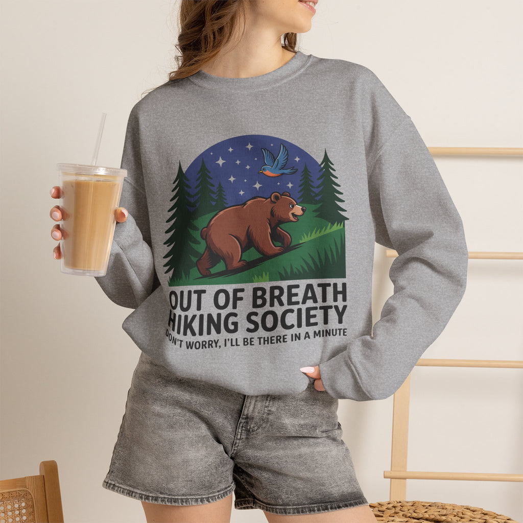 Out of Breath Hiking Society Crewneck Sweatshirt — Funny Bear Camping Graphic