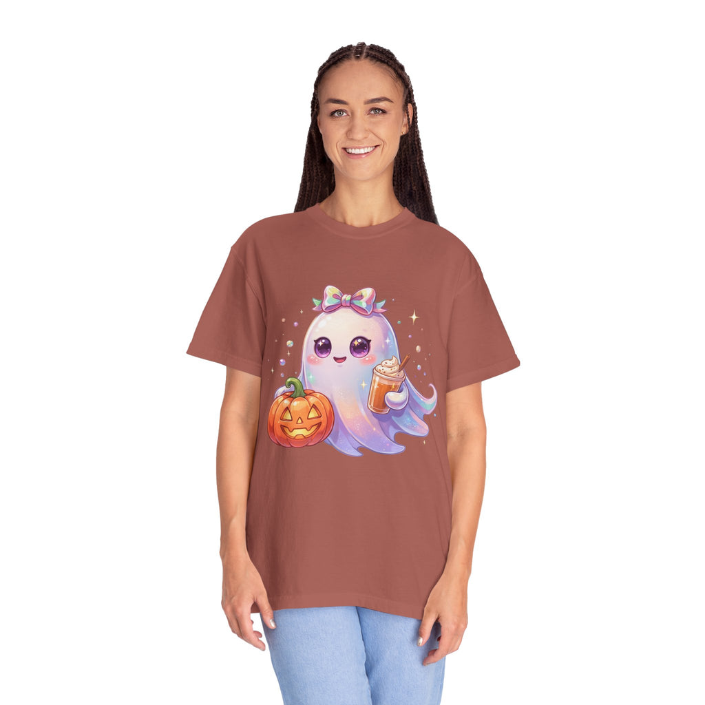 Cute Halloween Ghost T-Shirt — Kawaii Pumpkin & Candy Drink Graphic