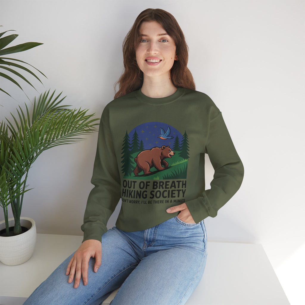 Out of Breath Hiking Society Crewneck Sweatshirt — Funny Bear Camping Graphic