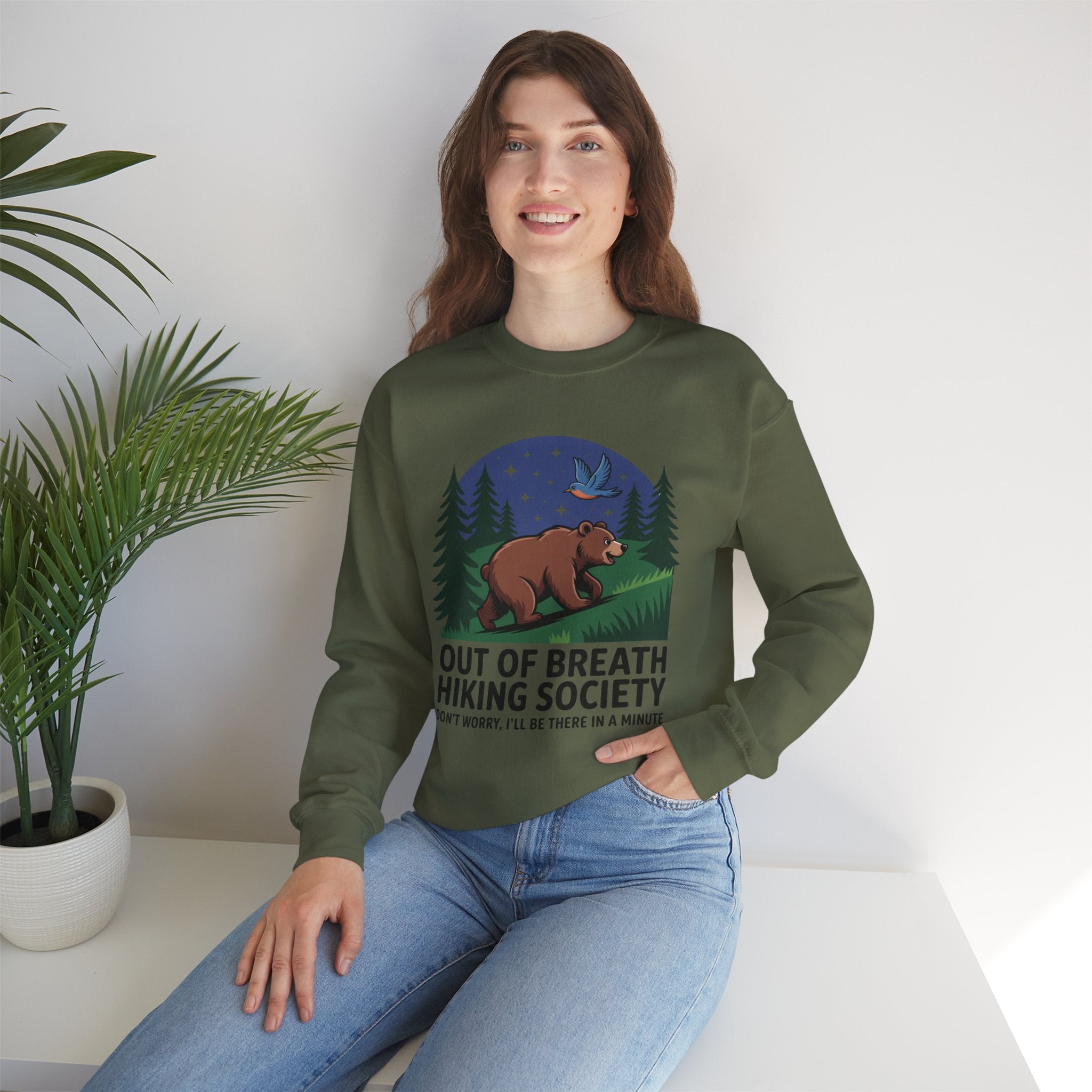 Out of Breath Hiking Society Crewneck Sweatshirt — Funny Bear Camping Graphic