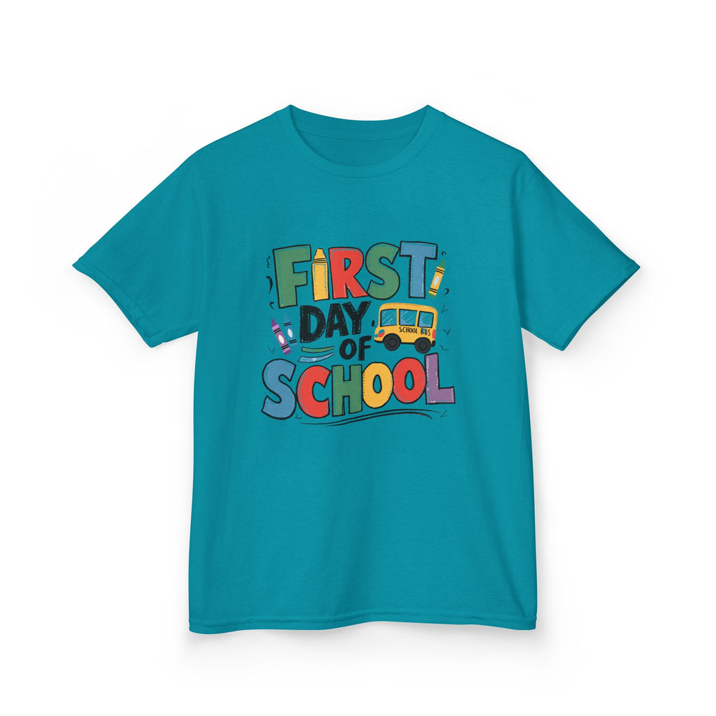 First Day of School Kids T-Shirt — Colorful Back-to-School Tee with School Bus Design