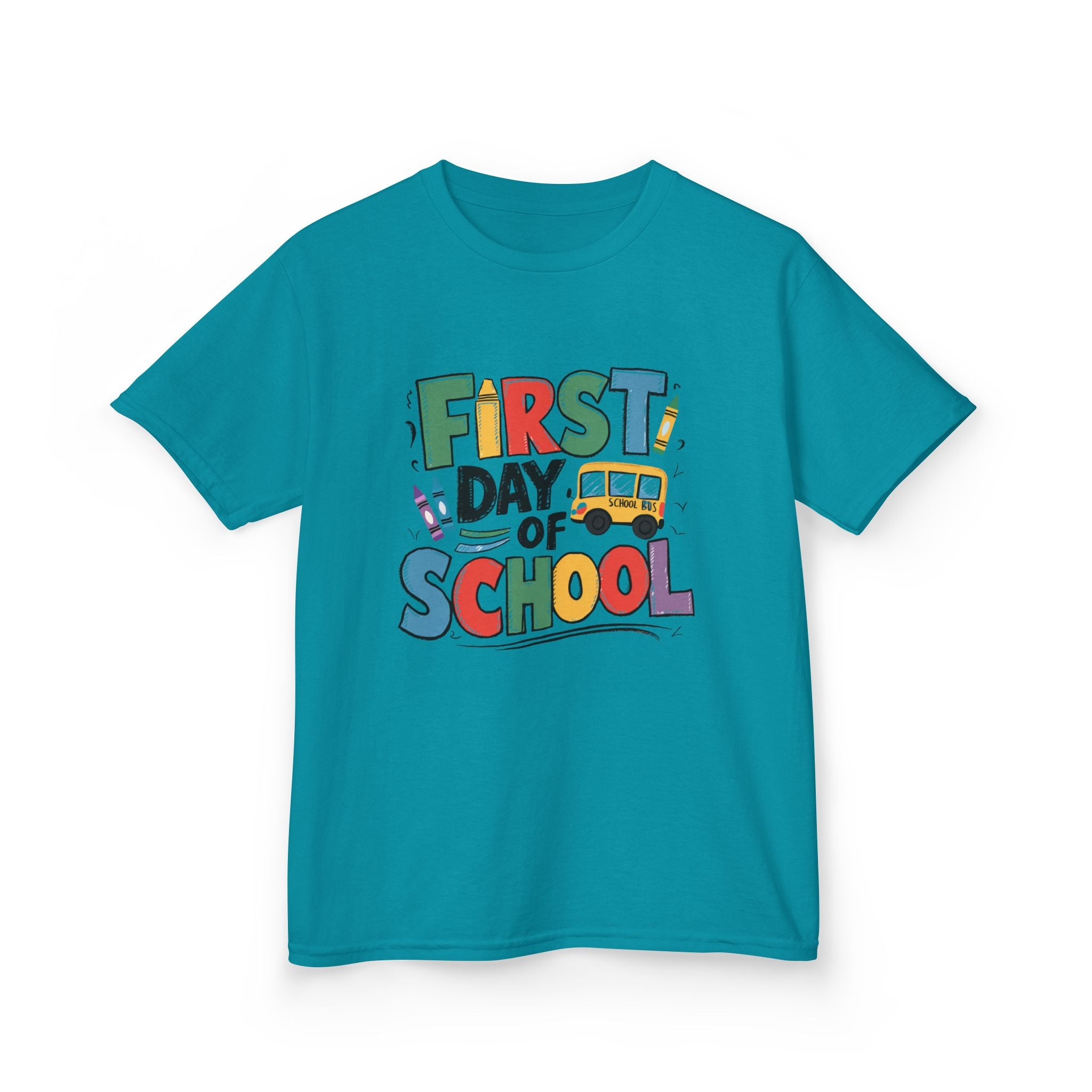 First Day of School Kids T-Shirt — Colorful Back-to-School Tee with School Bus Design