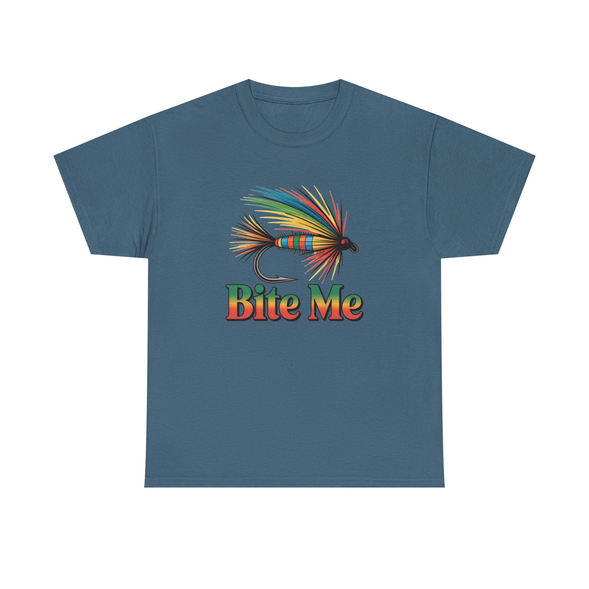 Fishing T-Shirt — Colorful Fly Design with "Bite Me" Text