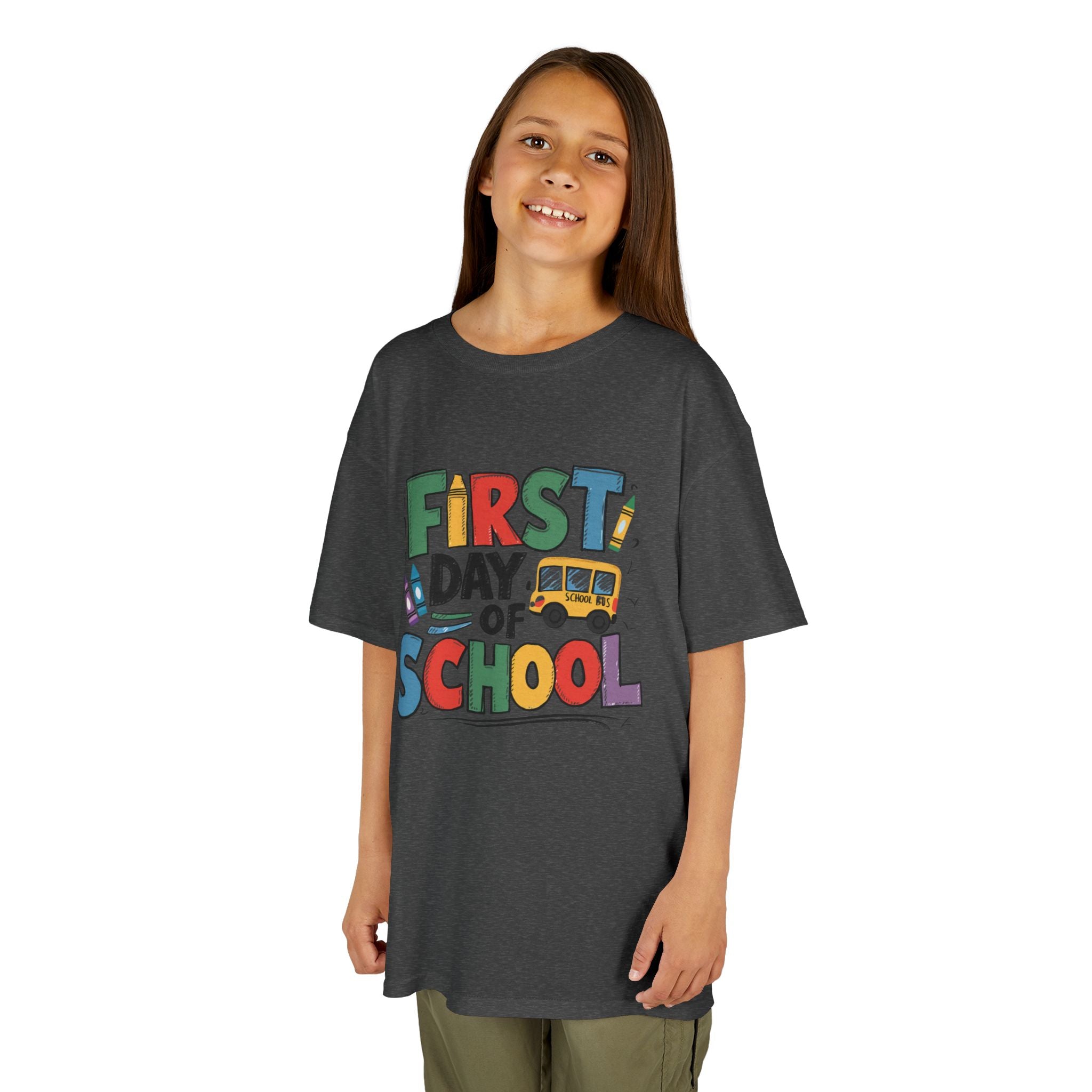 First Day of School Kids T-Shirt — Colorful Back-to-School Tee with School Bus Design