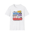 A white short-sleeve crewneck t-shirt with a colorful graphic text print on the front, displayed against a solid white background.