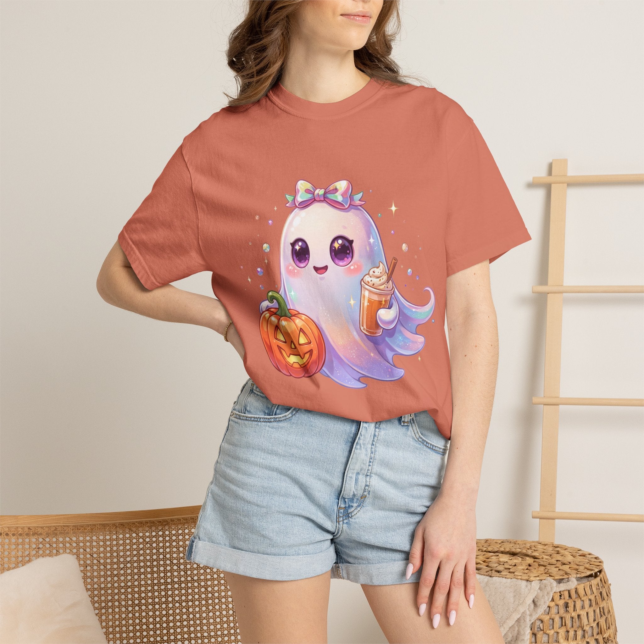 Cute Halloween Ghost T-Shirt — Kawaii Pumpkin & Candy Drink Graphic
