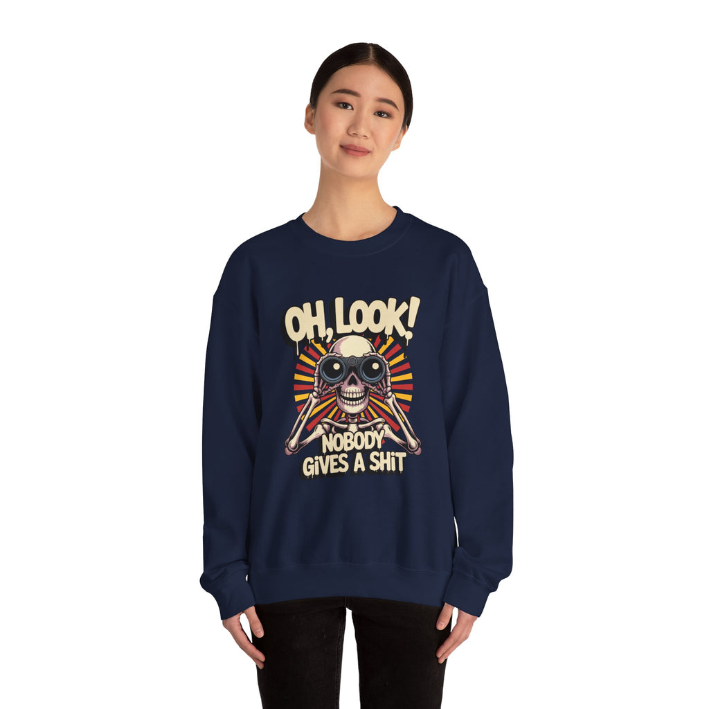 Crewneck Sweatshirt — 'Oh, Look! Nobody Gives a Shit' Skull Binoculars Graphic