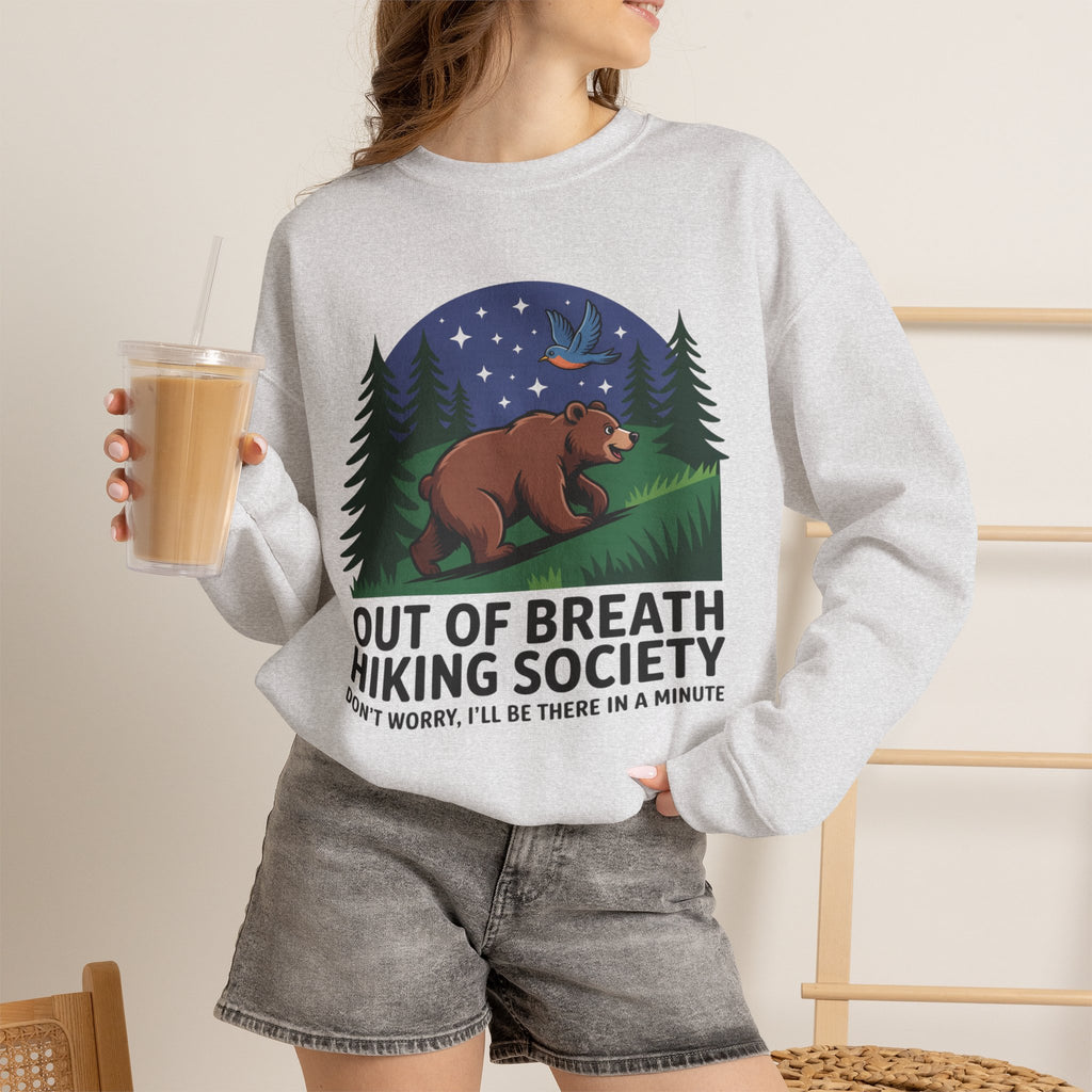 Out of Breath Hiking Society Crewneck Sweatshirt — Funny Bear Camping Graphic