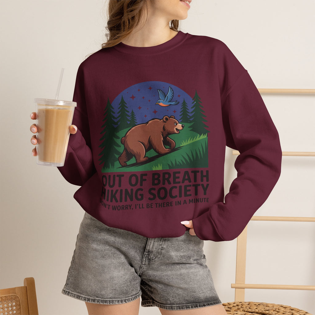 Out of Breath Hiking Society Crewneck Sweatshirt — Funny Bear Camping Graphic