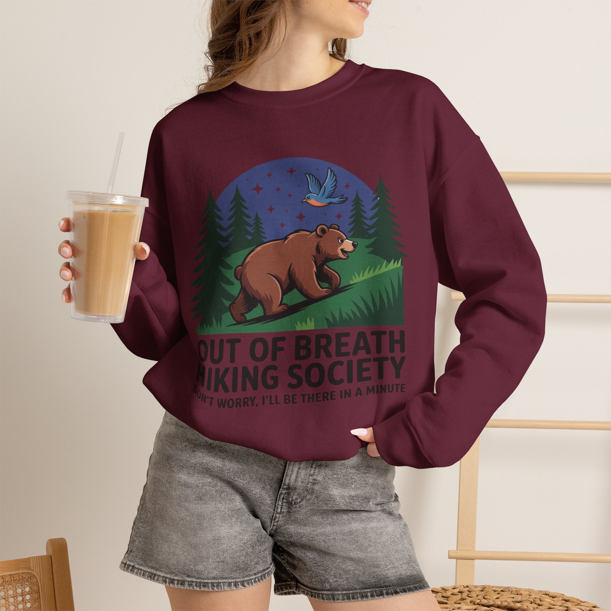 Out of Breath Hiking Society Crewneck Sweatshirt — Funny Bear Camping Graphic