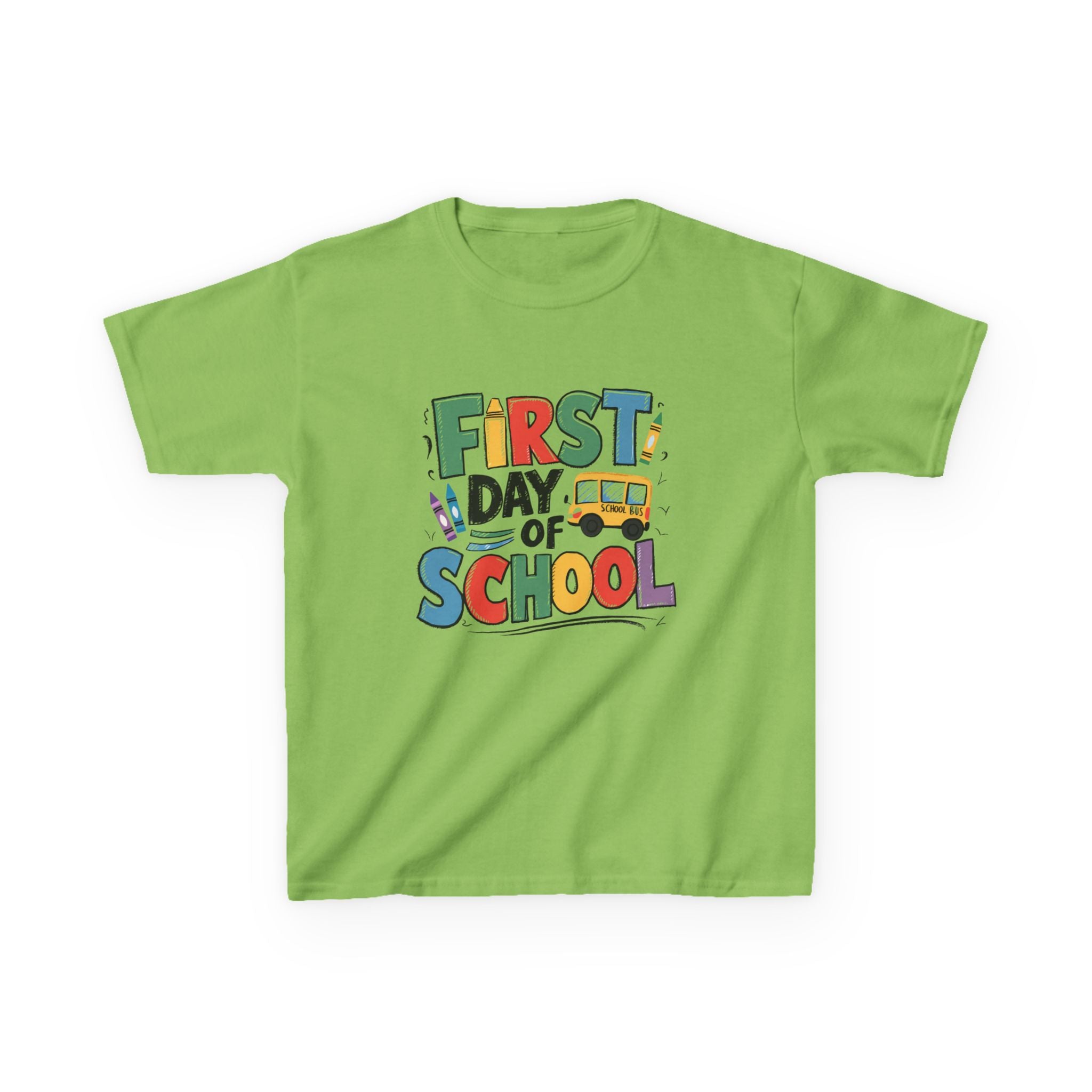 First Day of School Kids T-Shirt — Colorful Back-to-School Tee with School Bus Design
