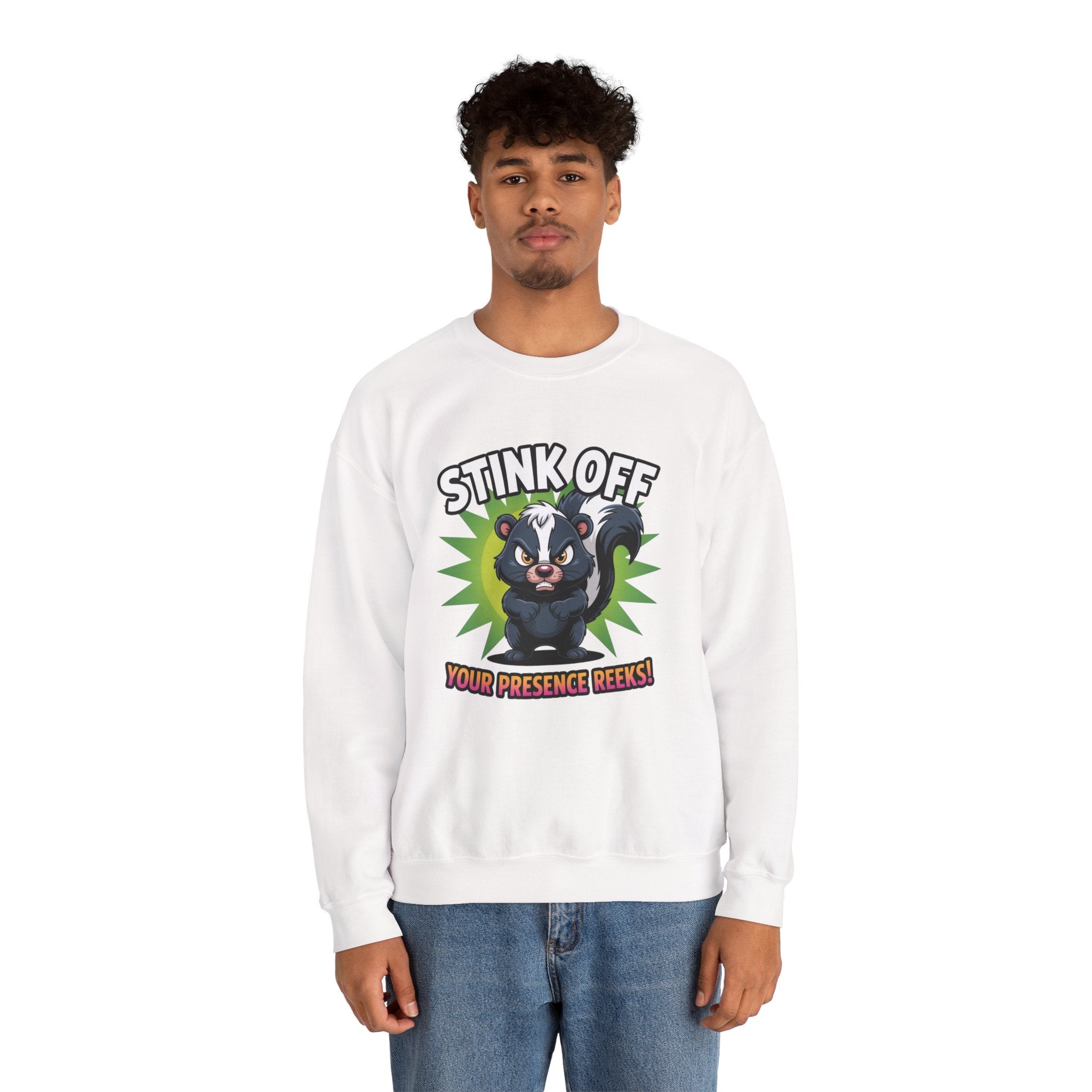 Stink Off Skunk Crewneck Sweatshirt — Funny 'Your Presence Reeks!' Graphic