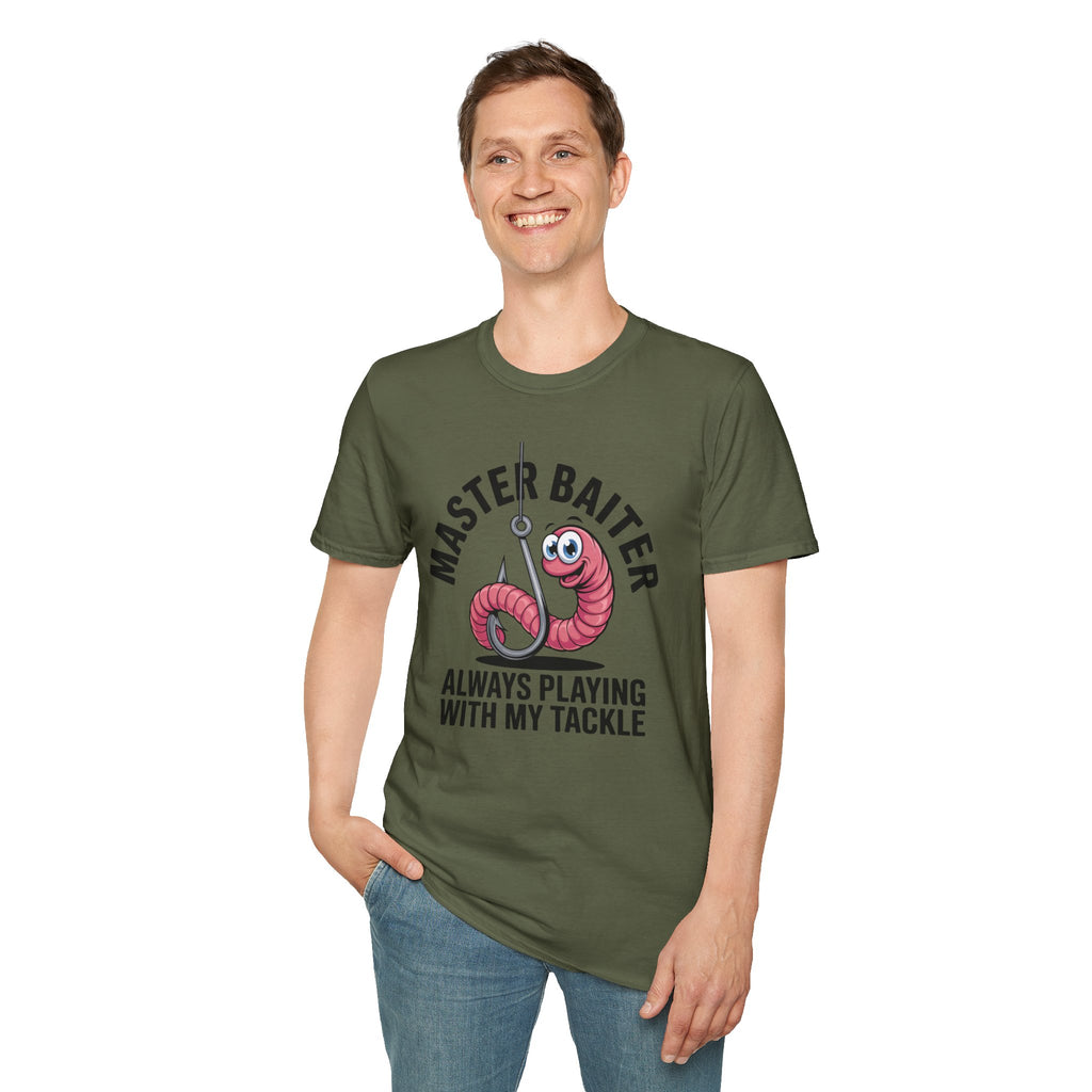 Master Baiter Fishing T-Shirt — Funny Worm Hook Tee ("Always Playing With My Tackle")