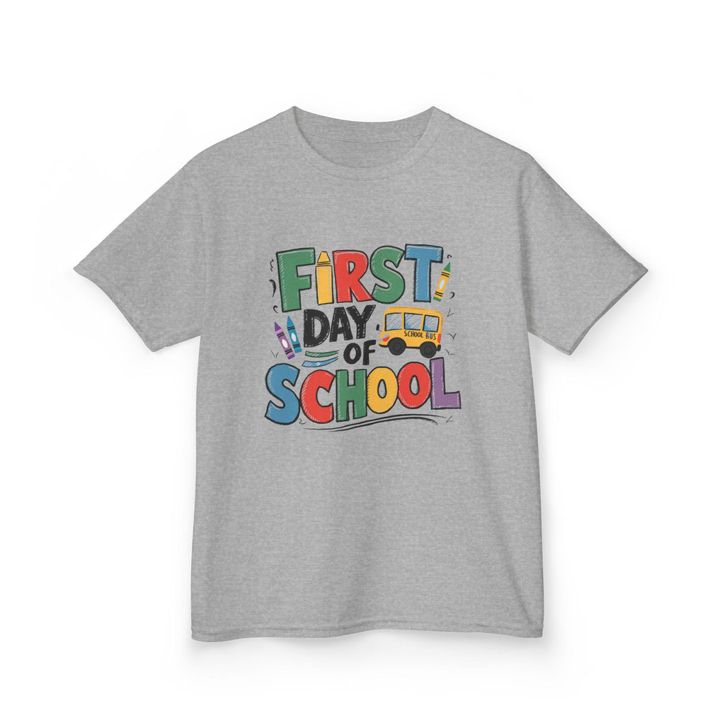 First Day of School Kids T-Shirt — Colorful Back-to-School Tee with School Bus Design