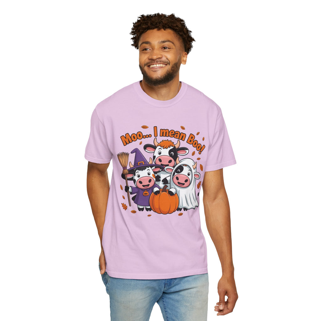Halloween Cow T-Shirt – “Moo... I mean Boo!” Cute Pumpkin & Witch Cows Graphic Tee
